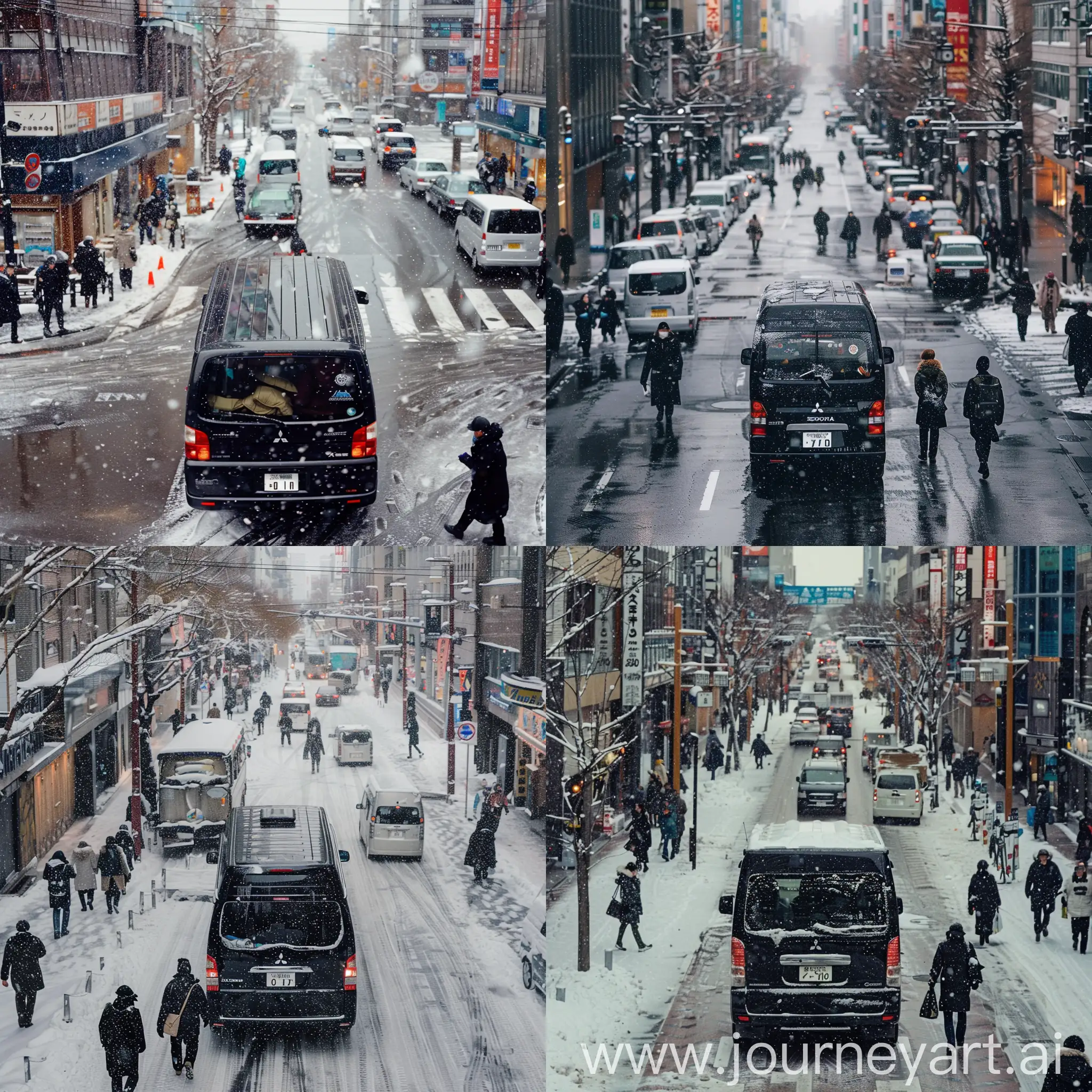 sapporo street winter, black mitsubishi delica van in the middle of the street, view from top rear of the van, snowing and wit many pedetstrian walking