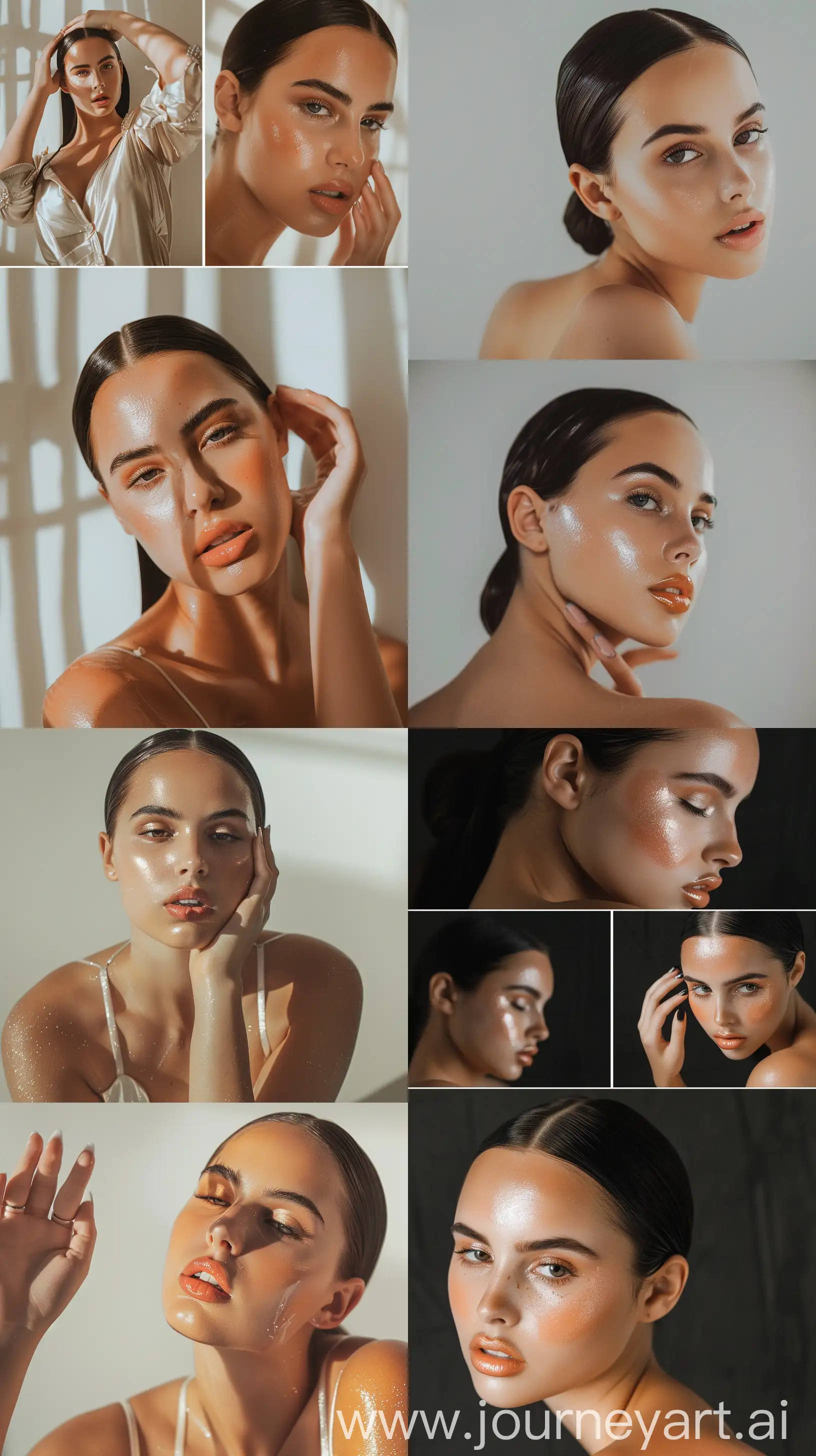 A photo shoot featuring various angles of an elegant woman --cref https://i.pinimg.com/originals/7e/71/33/7e71334de99aee1973f50dd1df638b3c.jpg --style raw --ar 9:16 --v 6