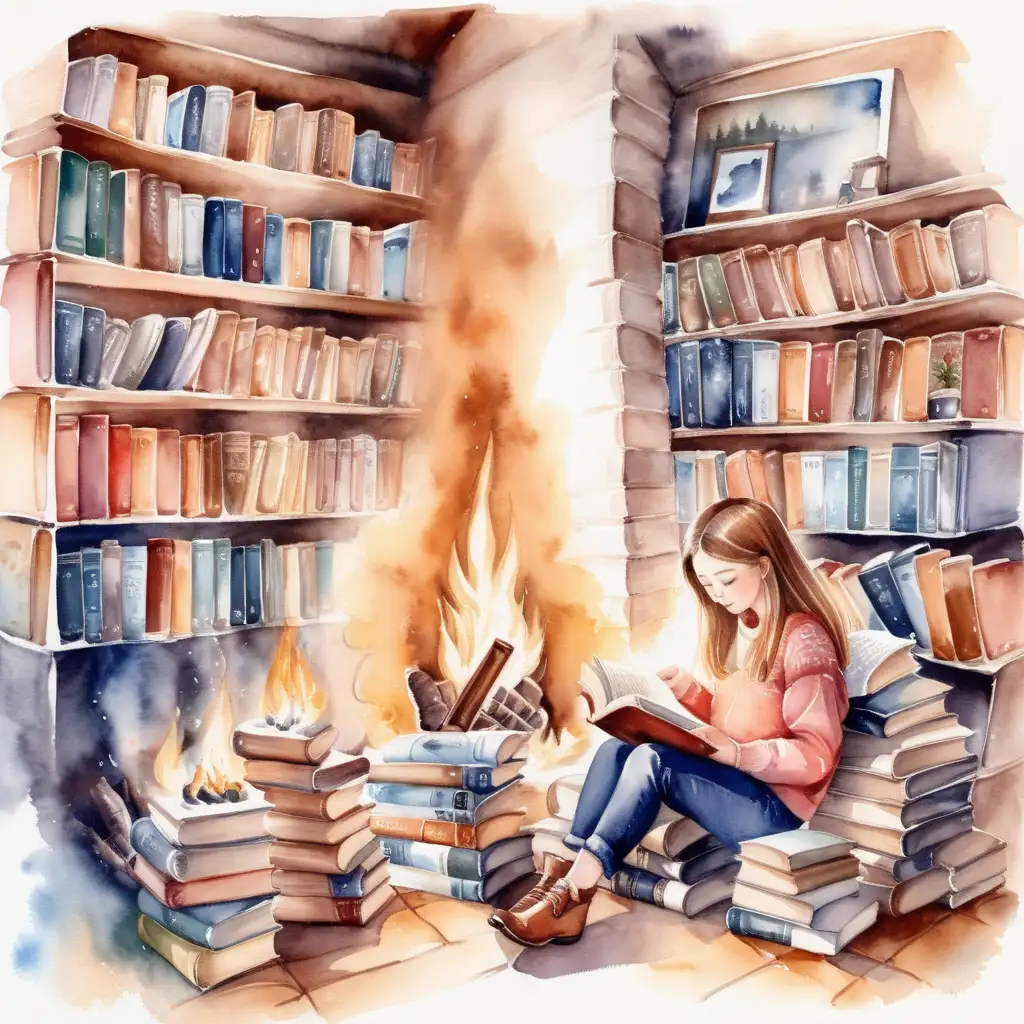 en hög med böcker som det sitter en tjej och läser en bok på , hyllor med böcker , en öppen spis med en eld i i vattenfärg



