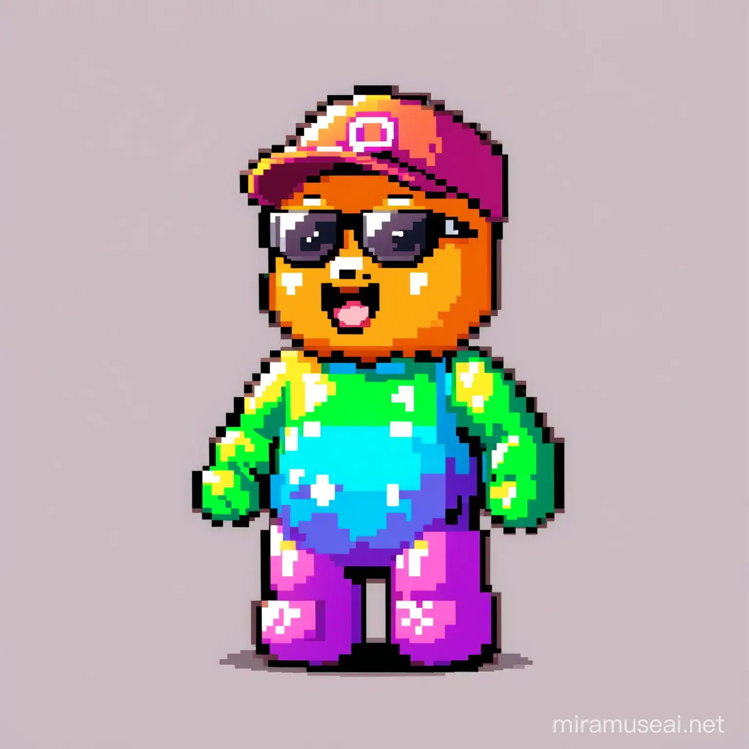 Funny and raandom colored 8 Bit solo gummy bear Mascot for Crypto Meme Token. Random accessories like cap or sunglasses or joint