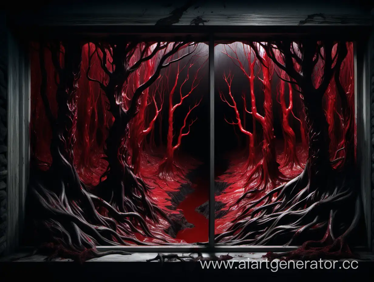 Eerie-Night-Forest-of-Blood-in-Window-Frame