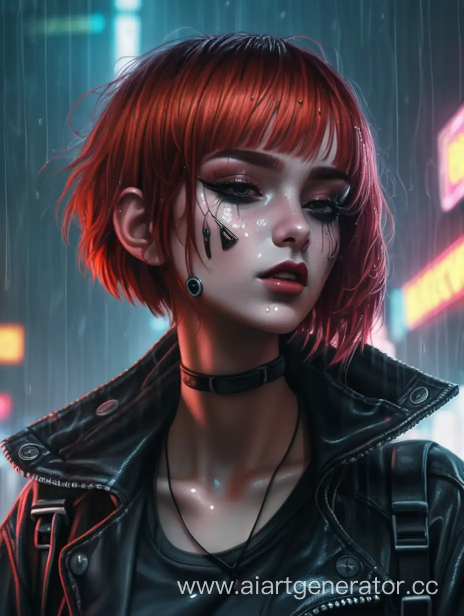 A girl with short red hair, dark makeup, black clothes smokes in the pouring rain
Cyberpunk style 