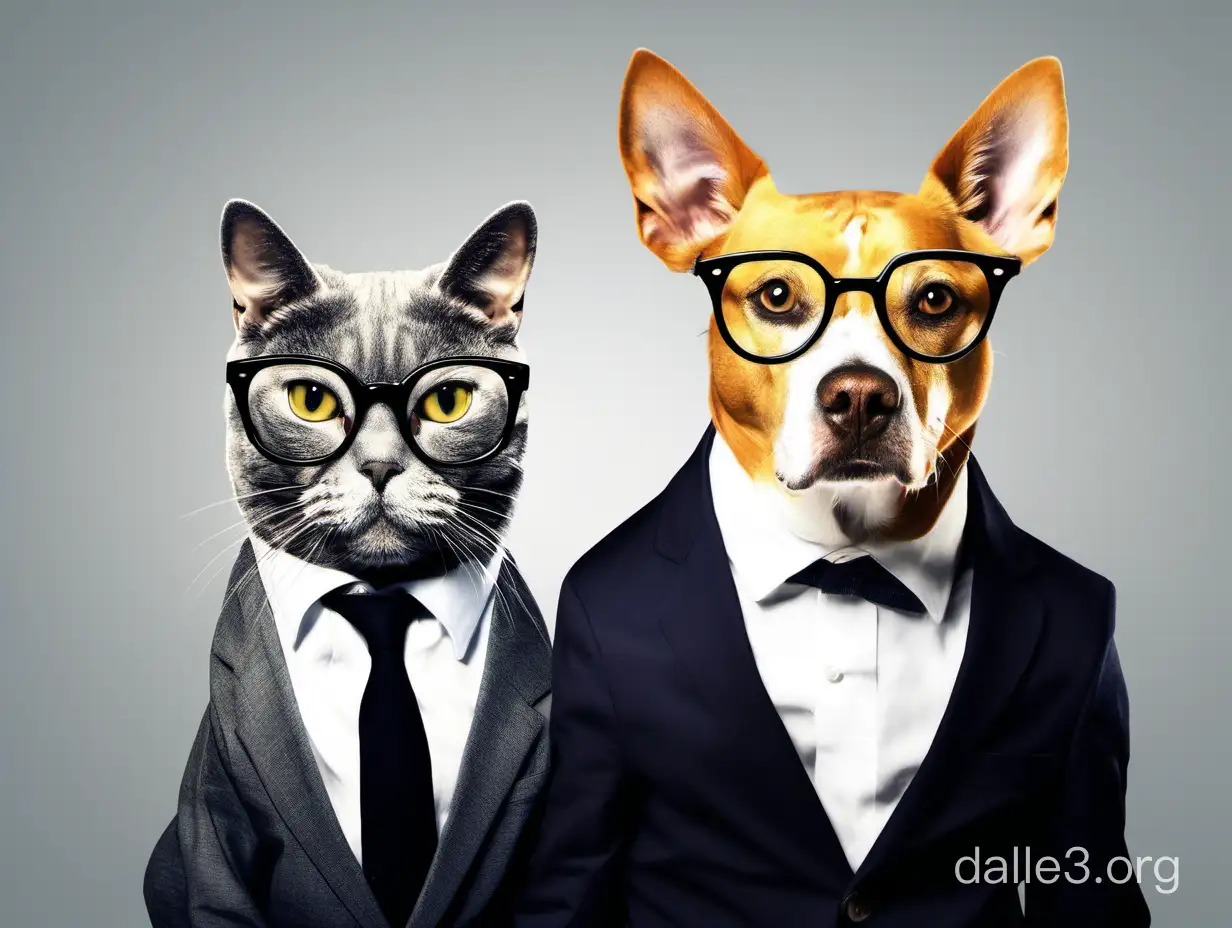 кошка и собака в очках, костюм и платье