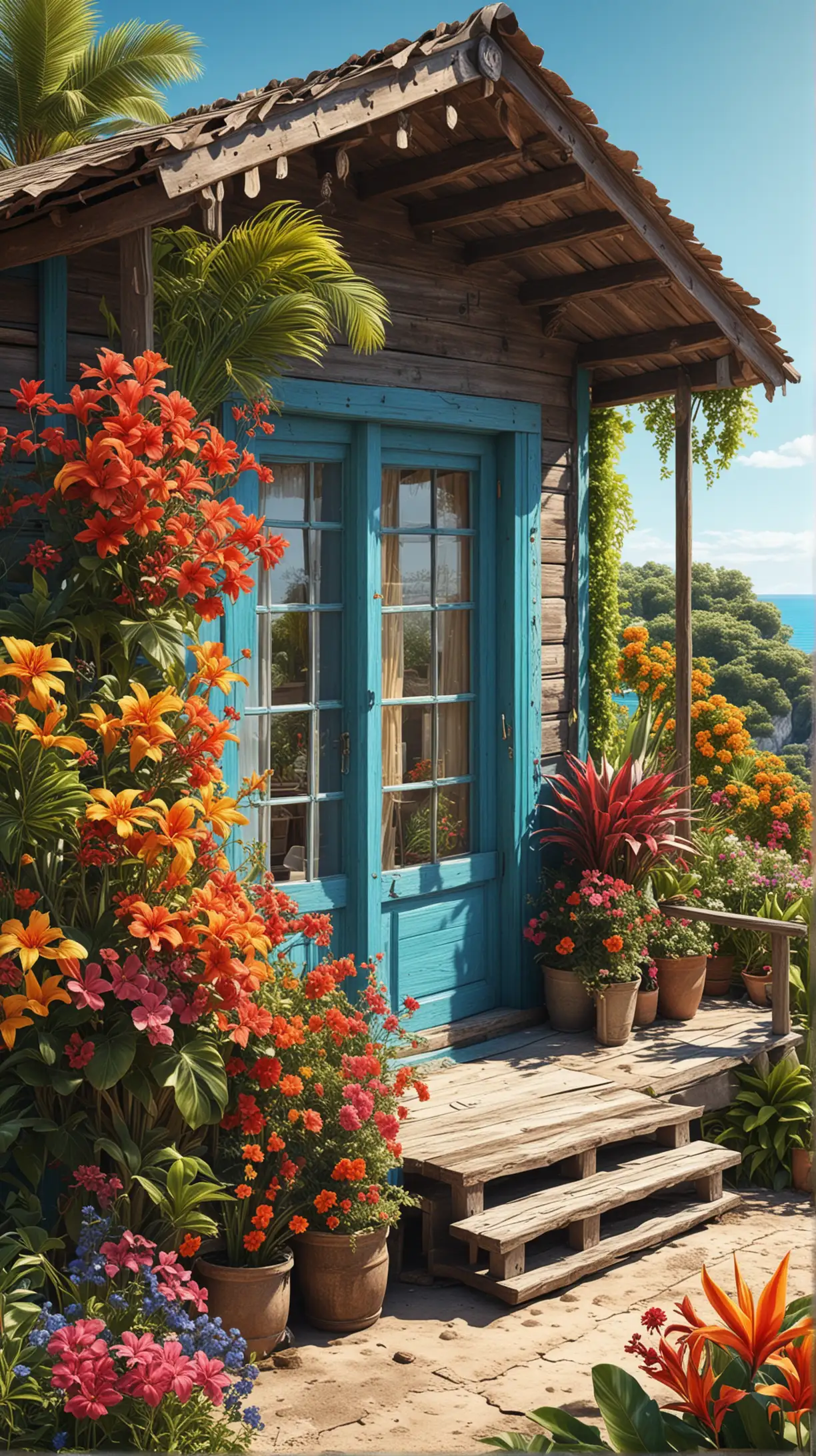 Gypsy style colors summer cabin ,vibrant variant flowers and tropical plants, beautiful sea background, sunny blue sky, realistic, ultra detailed, photography syle, view from distance,