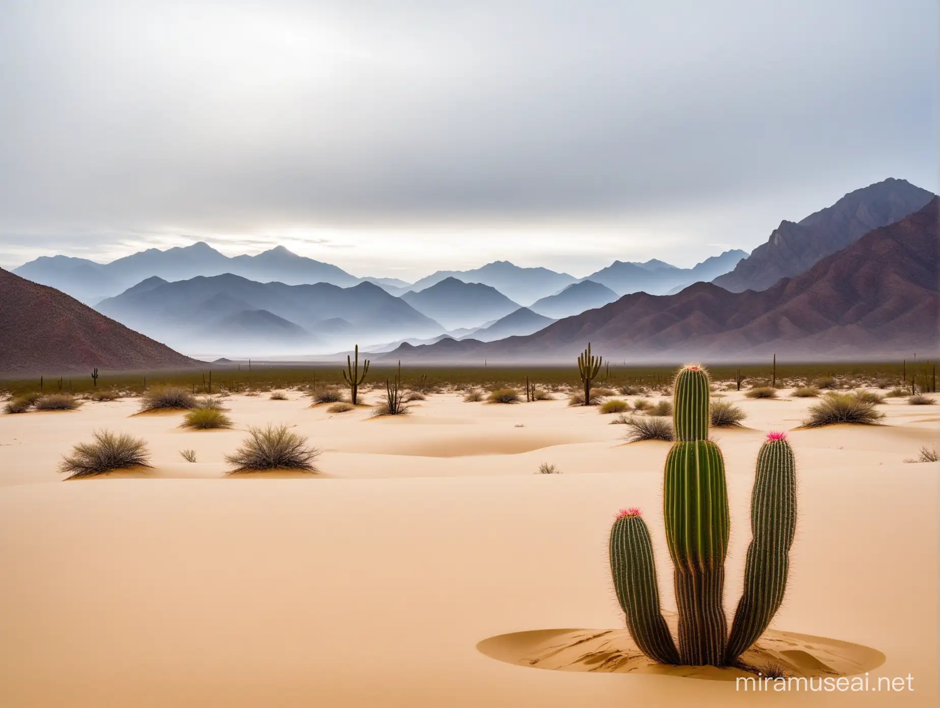 cactus en medio de llanura de arena fondo de montañas en niebla cielo nublado