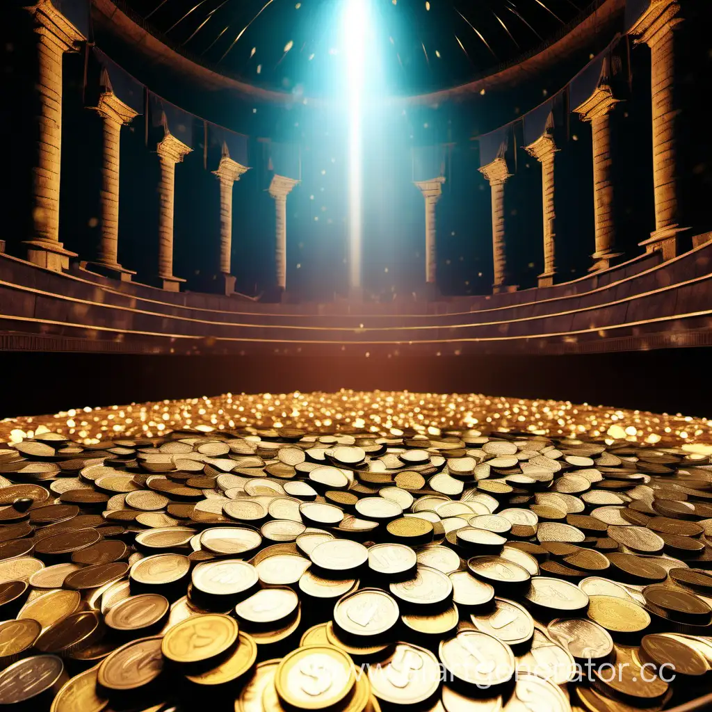 большой мешок с монетами посреди арены, много света, лазеры