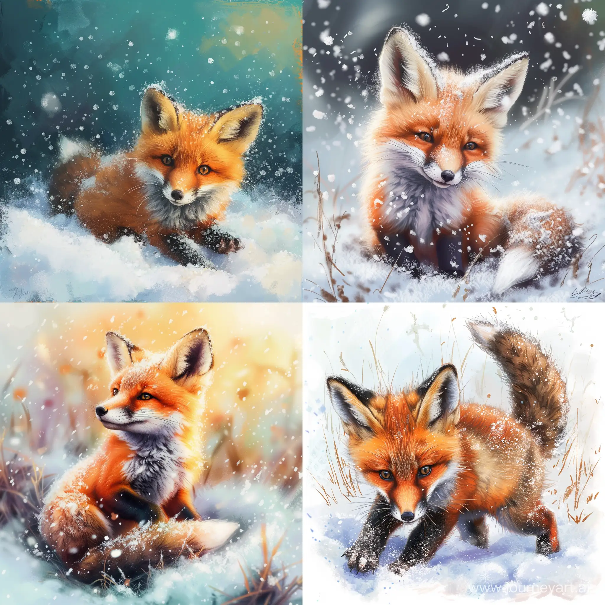 Playful-Little-Fox-Cub-Enjoying-Vibrant-Snowy-Adventure
