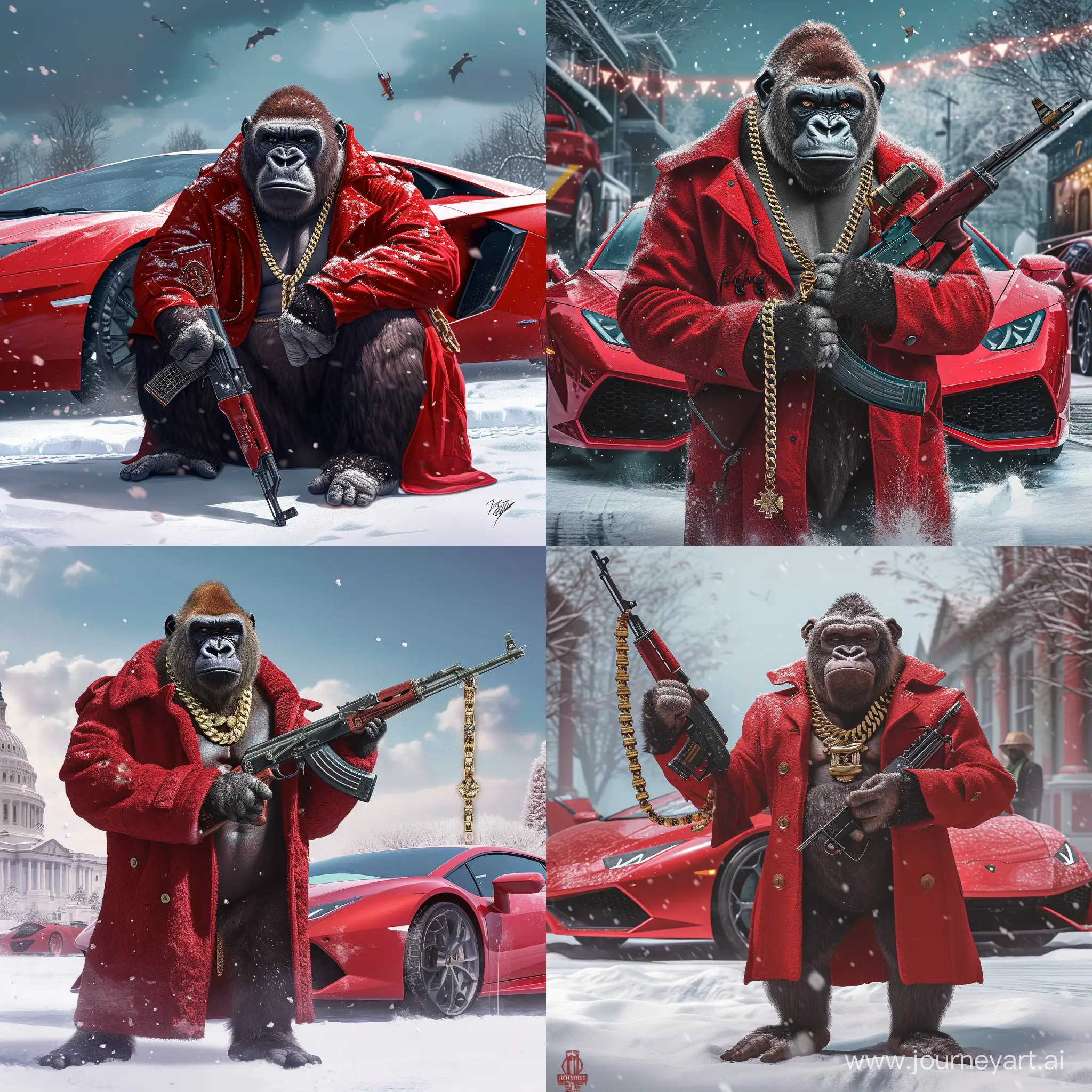 gangster gorilla wearing red coat and cuban chain holding an ak47 infront of a red lambo in the snow