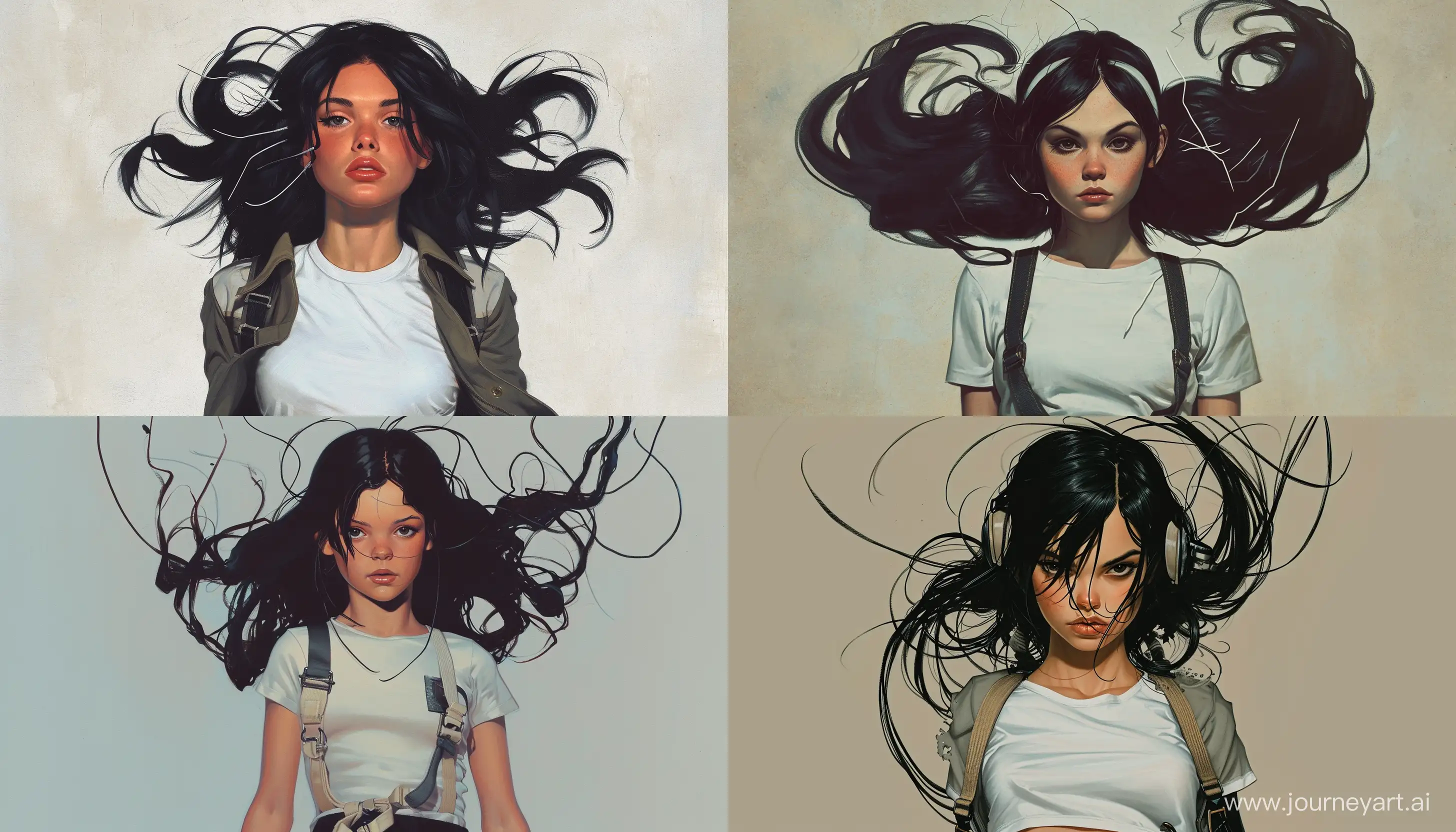 70s dark fantasy art, illustration of the young nice looking woman with black hair. A few strands of hair are released, the rest are collected at the back of the head. She is wearing white T-shirt and pilot suit, which upper part is tied over her thin waist in style Michael Whelan --ar 7:4 --v 6