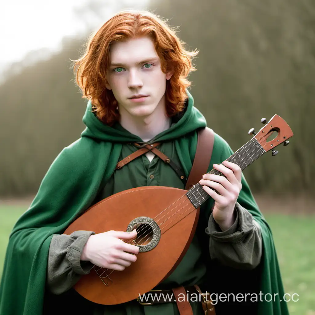 парень 20 лет, с рыжими волосами до плеч и зелёными глазами с лютней в руках, в зелёном плаще.