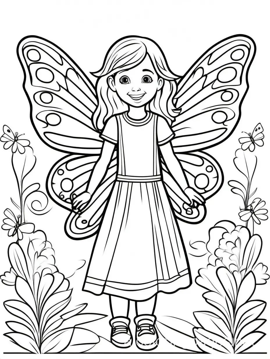  happy friendly playful girl with butterfly wings coloring book page for kids, Coloring Page, black and white, line art, white background, Simplicity, Ample White Space. The background of the coloring page is plain white to make it easy for young children to color within the lines. The outlines of all the subjects are easy to distinguish, making it simple for kids to color without too much difficulty, with margin, Coloring Page, black and white, line art, white background, Simplicity, Ample White Space. The background of the coloring page is plain white to make it easy for young children to color within the lines. The outlines of all the subjects are easy to distinguish, making it simple for kids to color without too much difficulty