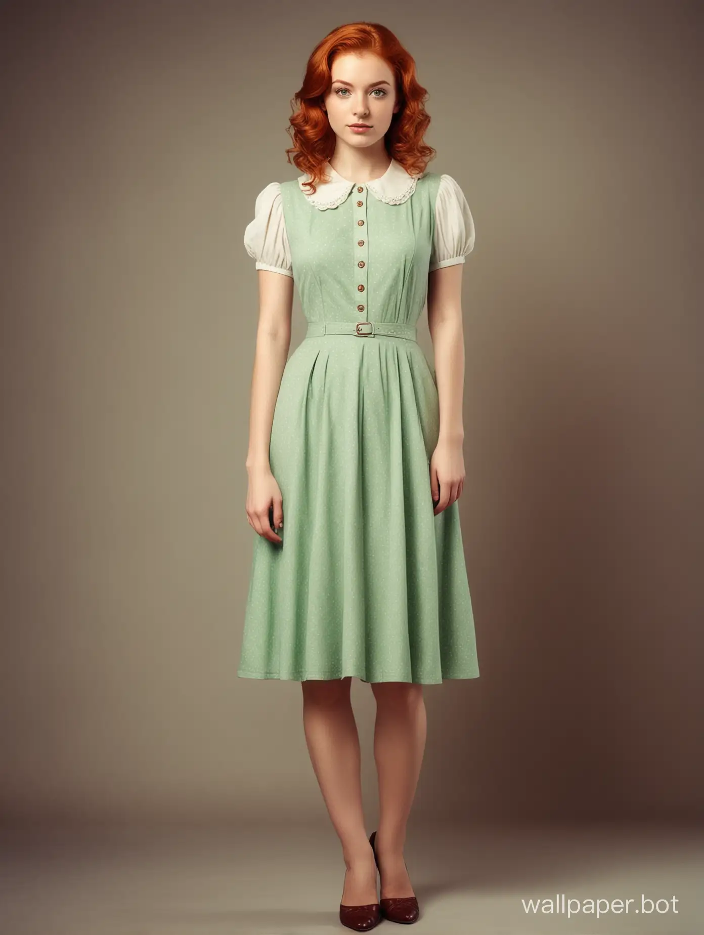 Vintage style. Young lady standing full body. Redhead with green eyes.