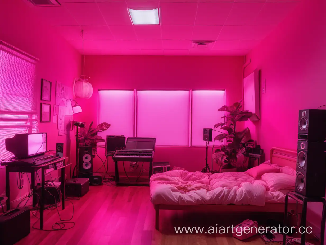 a lo-fi room illuminated by pink light