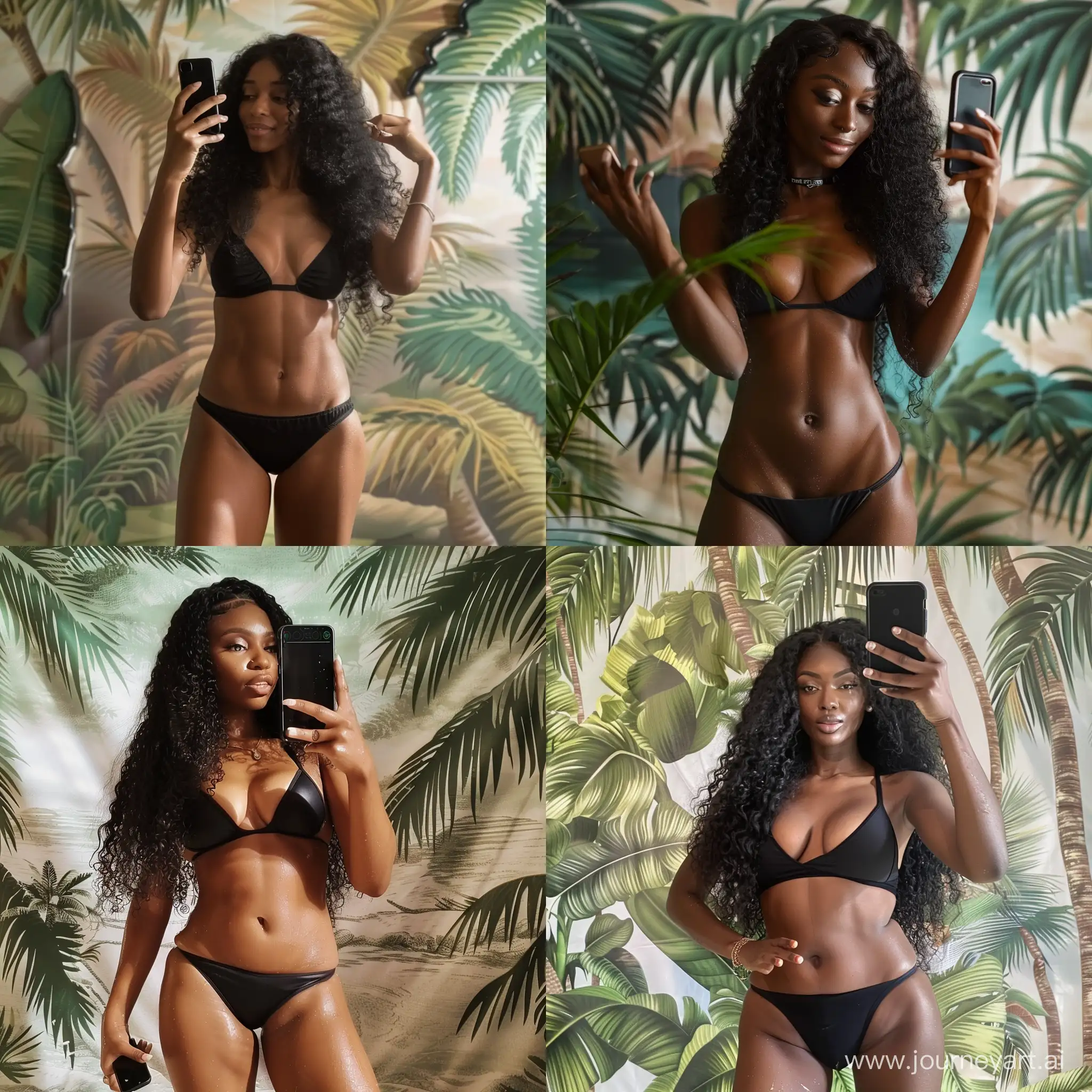 black woman, long curly hair, wearing black bikini, taking photo of herself, phone selfie angle, tropical paradise background