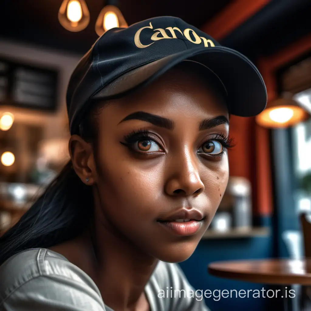 A portrait of black lady, big sharp eyes, exotic skin, wearing cap, sitting in cafe, high detail, sharp and focused image, photo realistic, realism, canon eos R6 image style, soft natural lighting, 