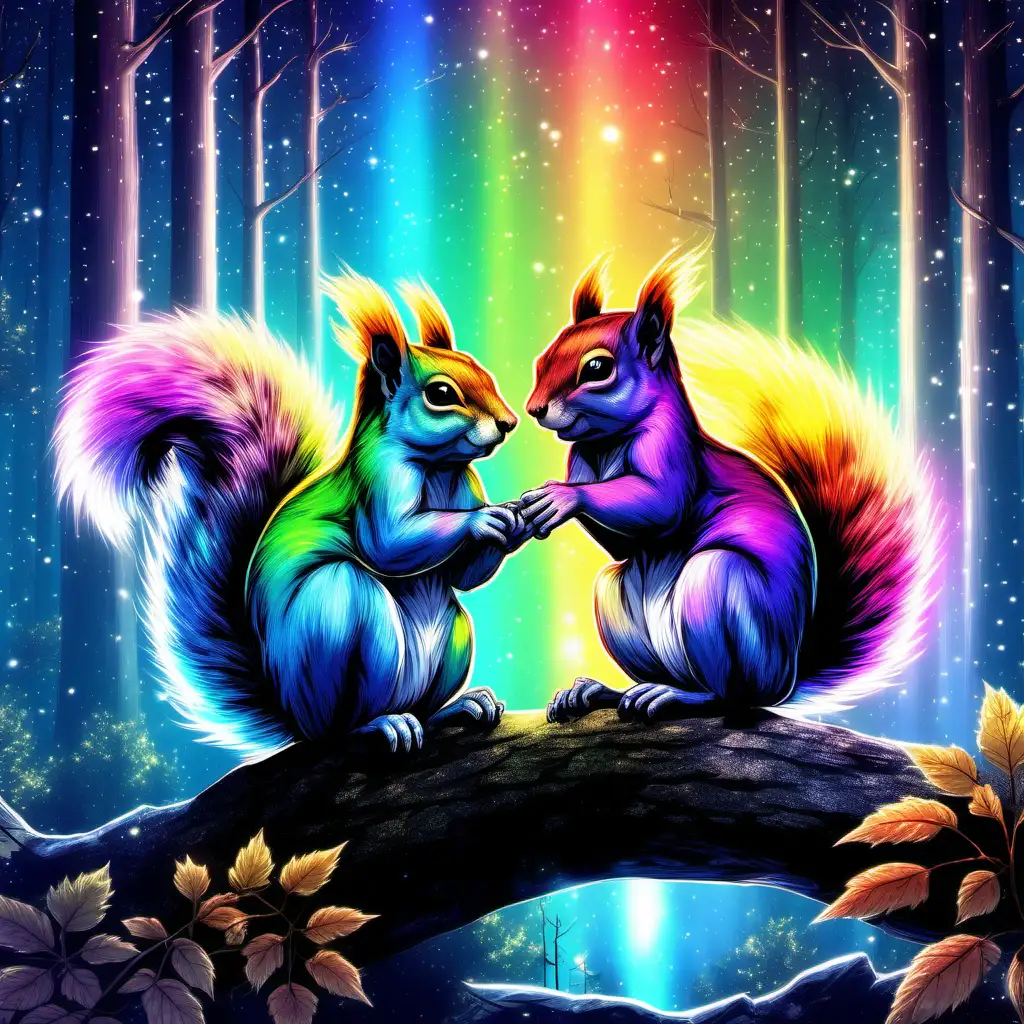 n anime style, in a mystical forest realm , an image of mythical, Squirrels with fur that twinkles like the night sky with rainbow color fur that shimmers in hues of the aurora borealis. Their eyes gleam with a mischievous intelligence.