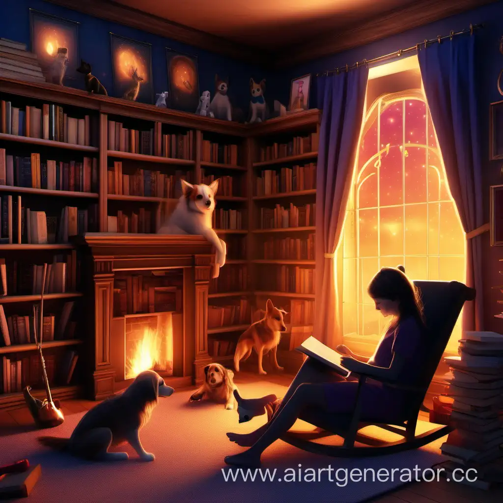 Cozy-Twilight-Library-Scene-with-Girl-Reading-Book-and-Dog