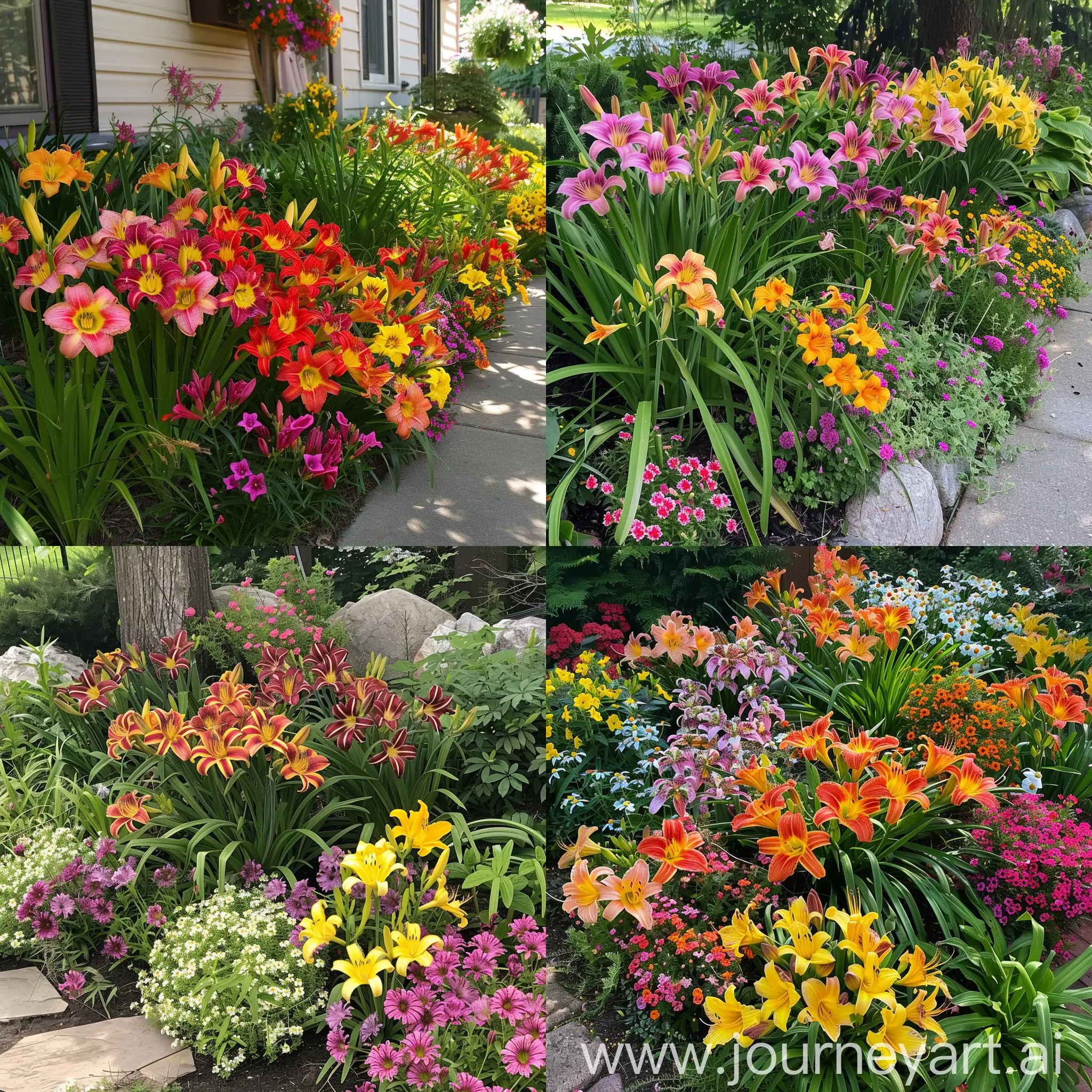 Colorful-Daylilies-in-Mixed-Planting-Garden-Bed