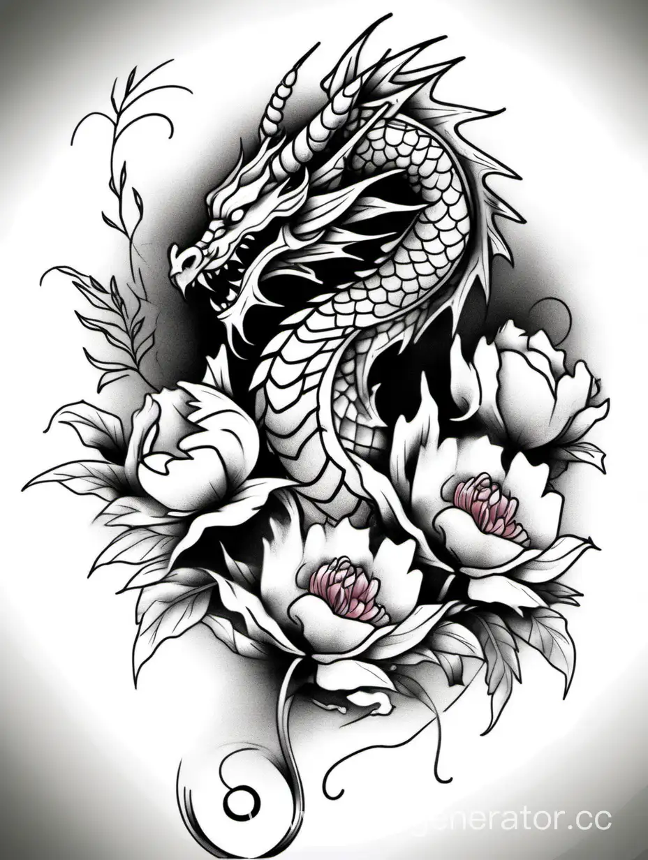 тату эскиз дракон с пионами в стиле графика на руку длина эскиза 30 см