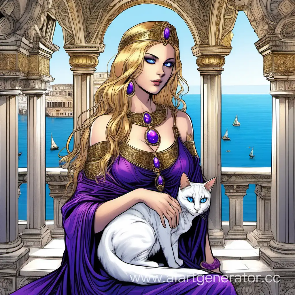 Римская императрица, красивая, длинные и прямые золотые волосы, разноцветные глаза, голубой и фиолетовый глаз, красивая фигура, красивая грудь, чёрная туш, интим, эротика, прозрачная голубая с пурпуром туника, серебряные украшения с кошкой, белая кошка на руках, дворец у моря, античность, симметрия, рисунок, комикс, портрет