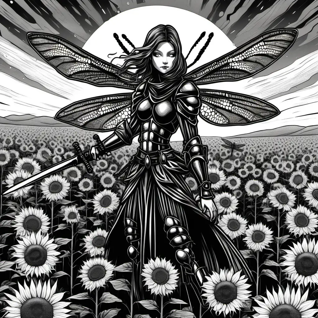 Dragonfly Fairy swordswoman field of sunflowers in a noir style