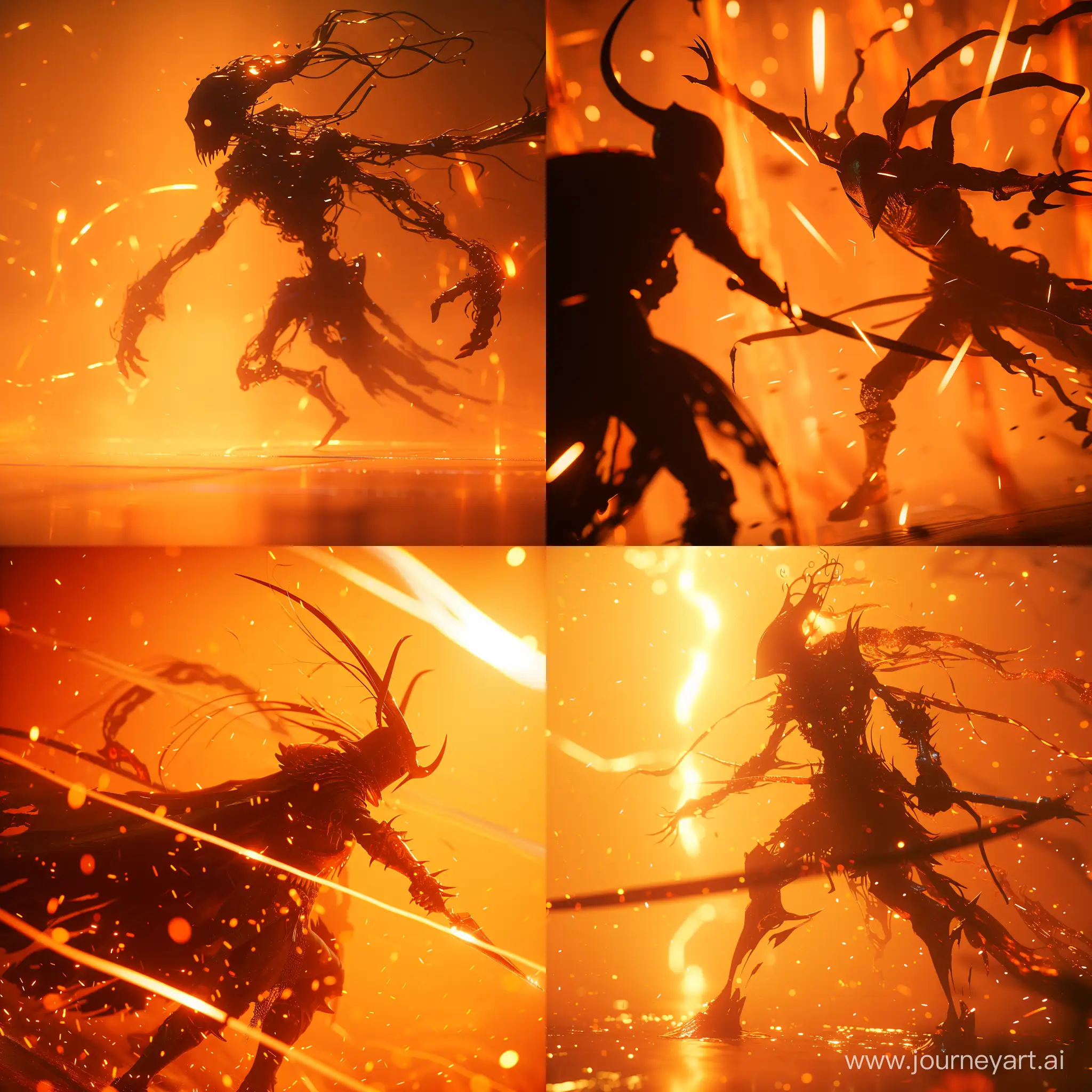 hollow knight boss fight, 4k render, cinematic light, orange background, motion blur, orange light