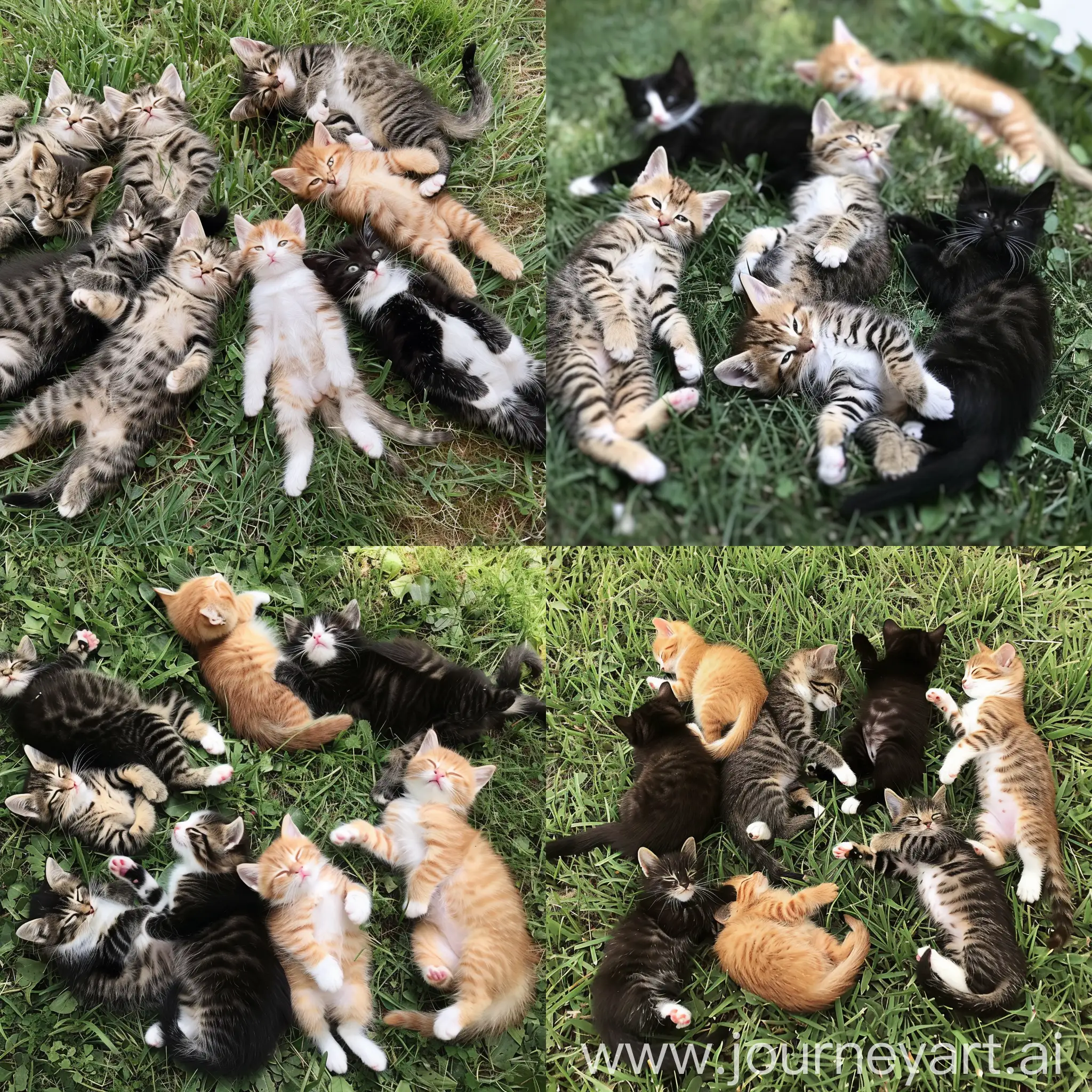 Семь котиков лежат на траве