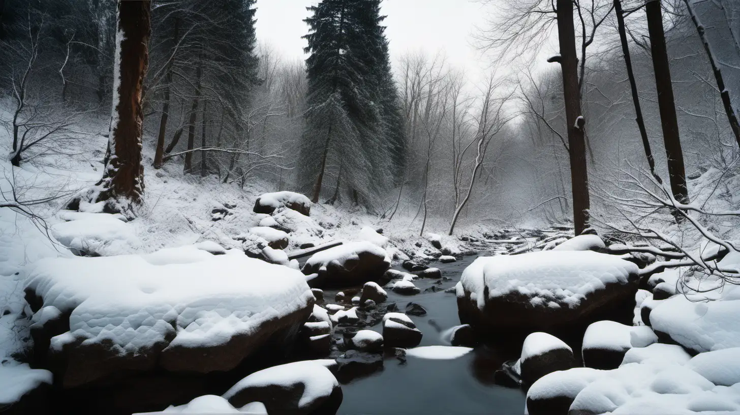 photography of a forest scene with a rocky creek with snow on the trees