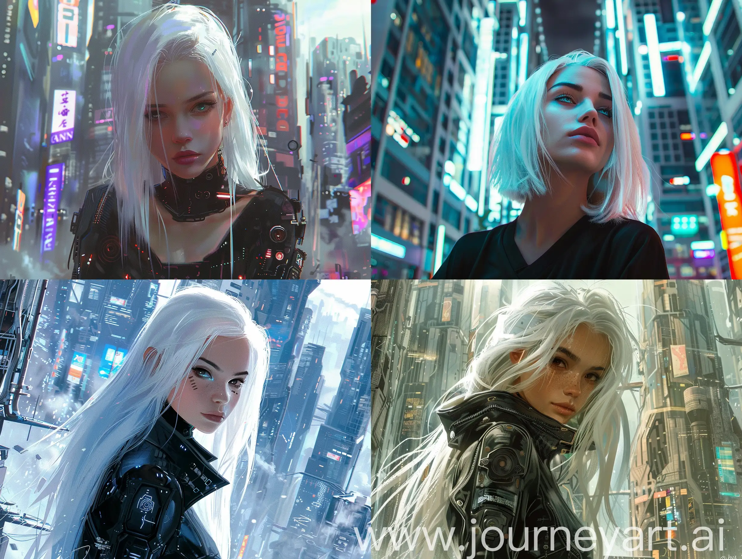 beautiful Girl with white hair against the background of buildings in cyberpunk style
