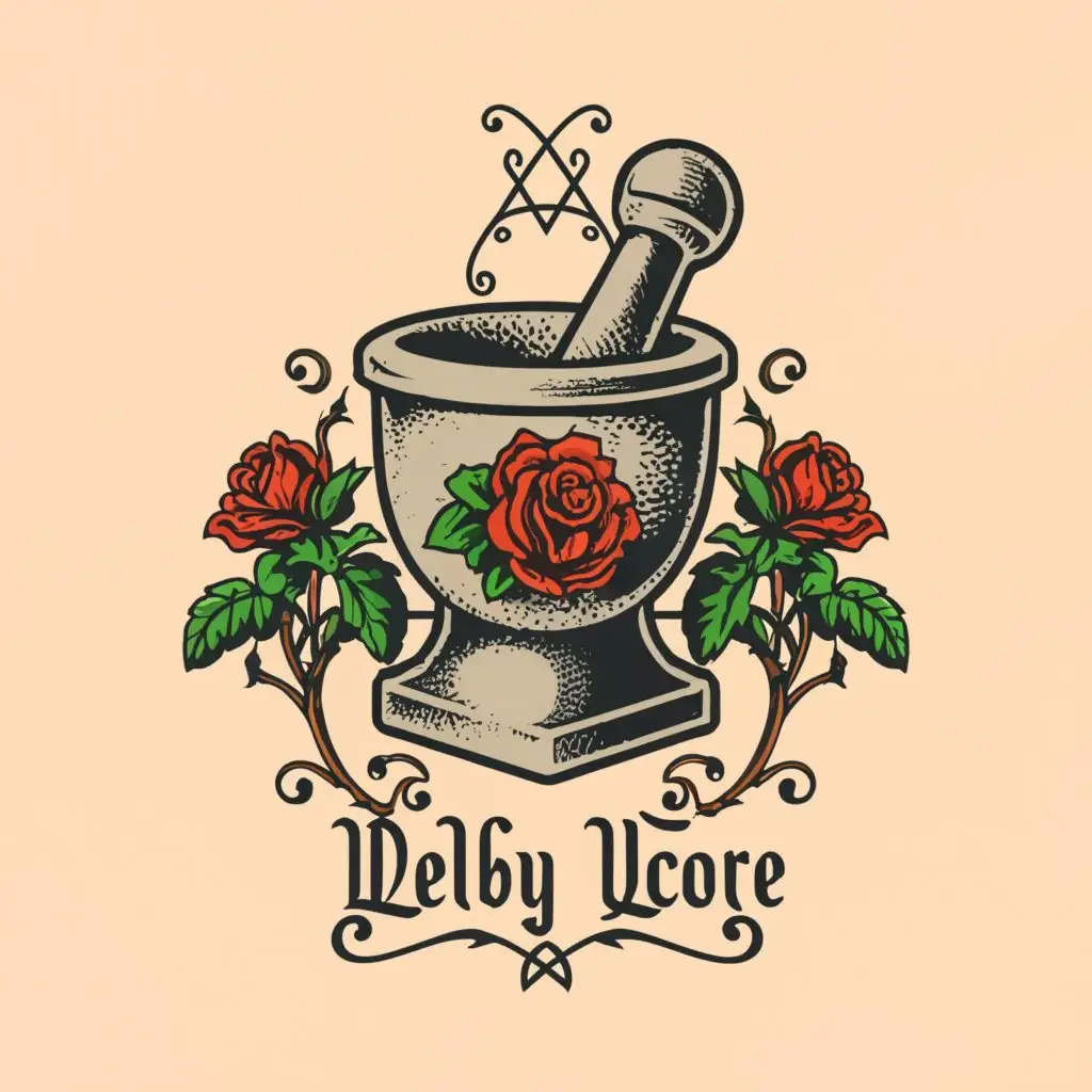 a logo design, main symbol:mortar and pestle+rose, clear background, goth aesthetic