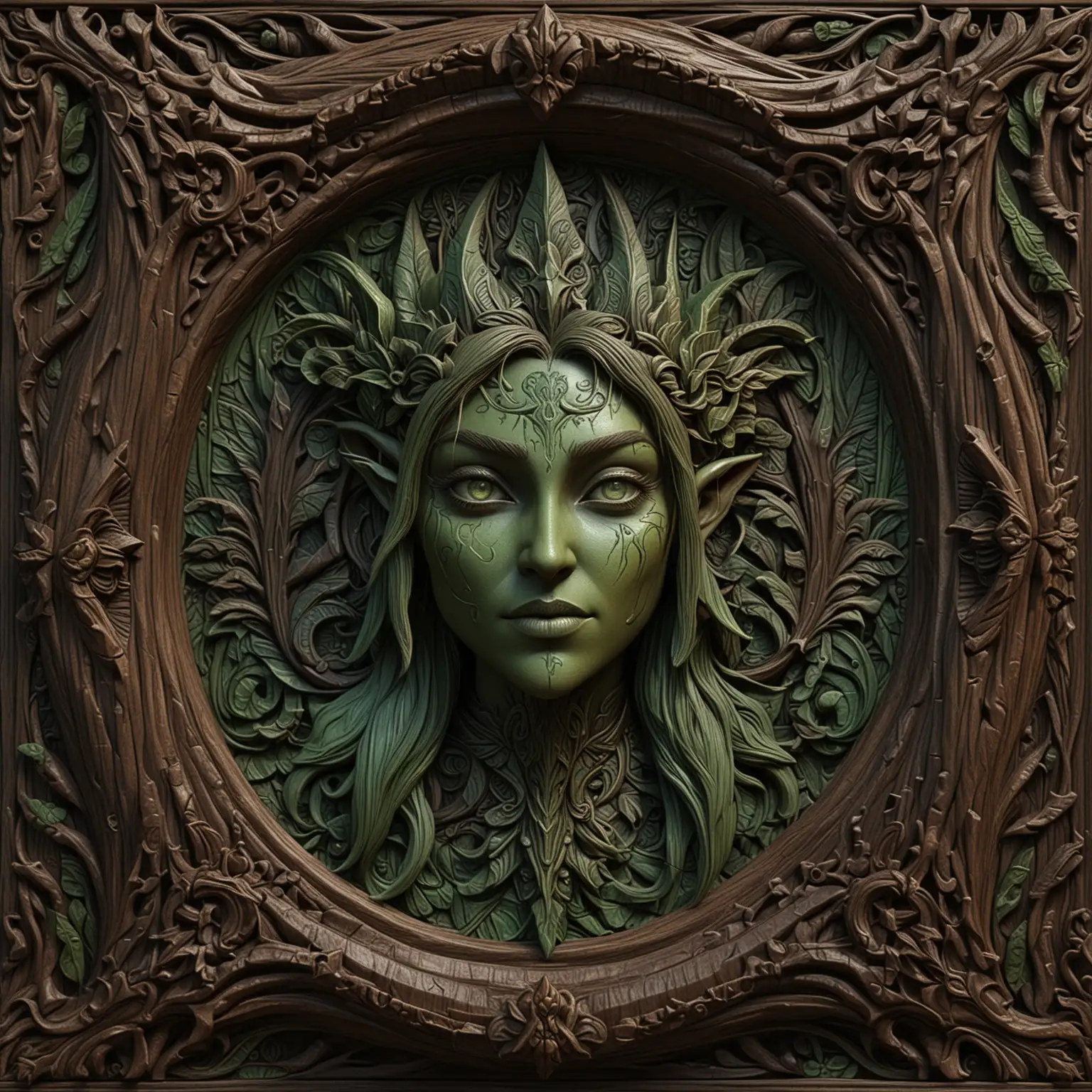 3D SEAMLESS TEXTURE, DARK CARVED WOOD WITH A CARVED WOOD FRAME, FEATURING AN INTRICATE CARVING IN WOOD WITH TOUCHES OF GREEN, FULL BODY OF A NIGHT ELF FROM WORLD OF WARCRAFT
