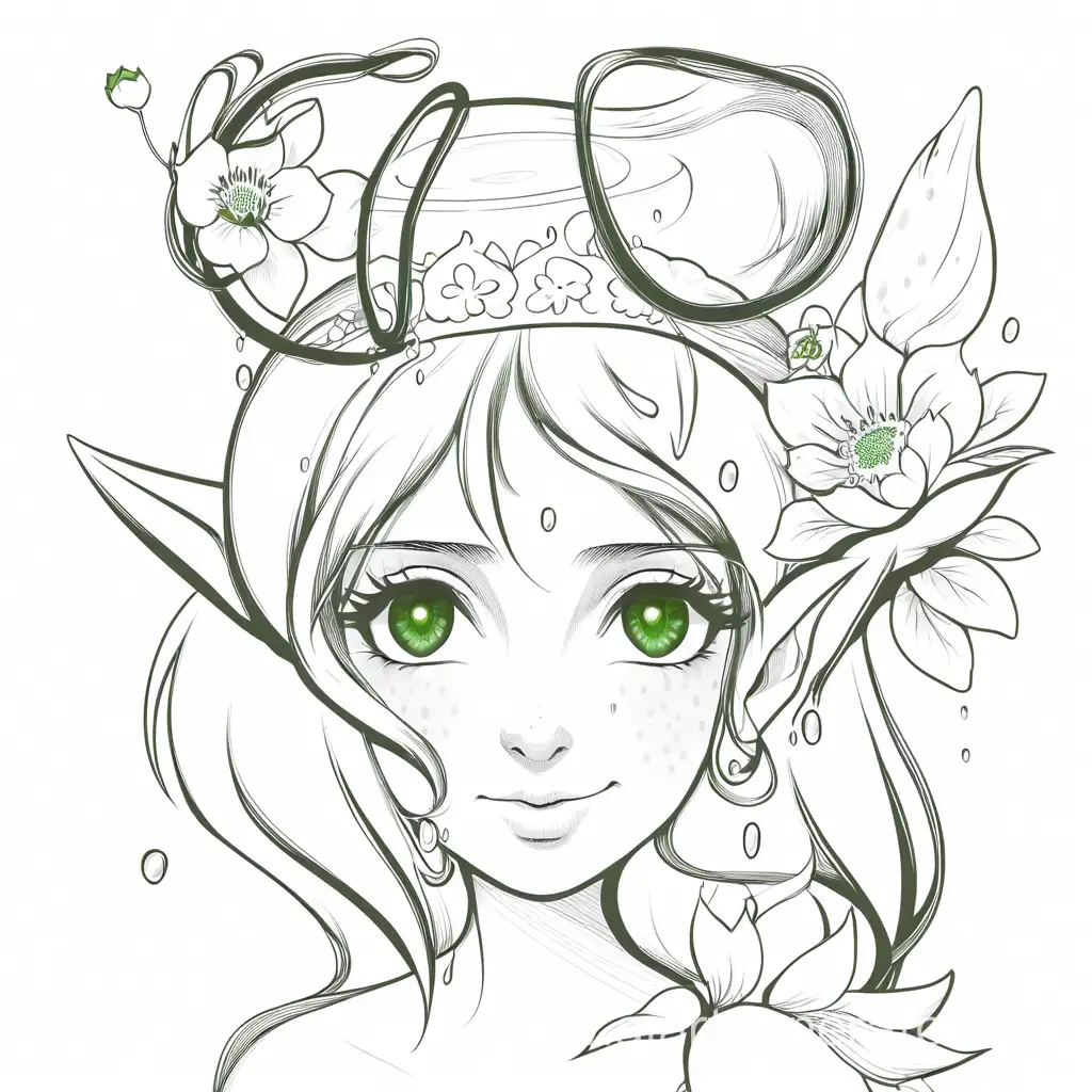 portrait of an elf girl with strawberries on her head and flowers from which juice is pouring and the juice from strawberries is pouring down her face. The elf has bright green eyes and white strands of hair