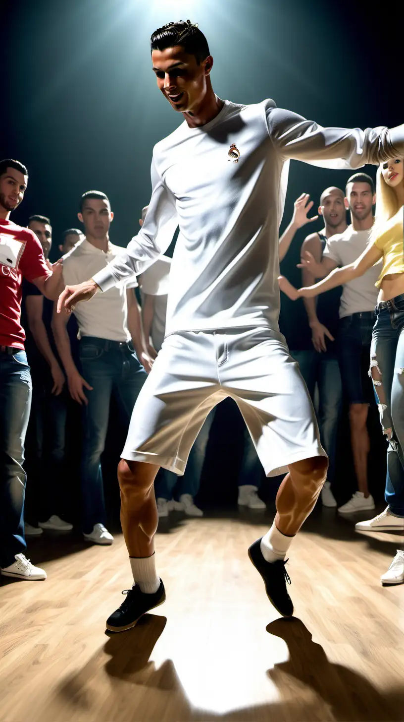 Cristiano Ronaldo dancing breakdance, club background, with people dancing 