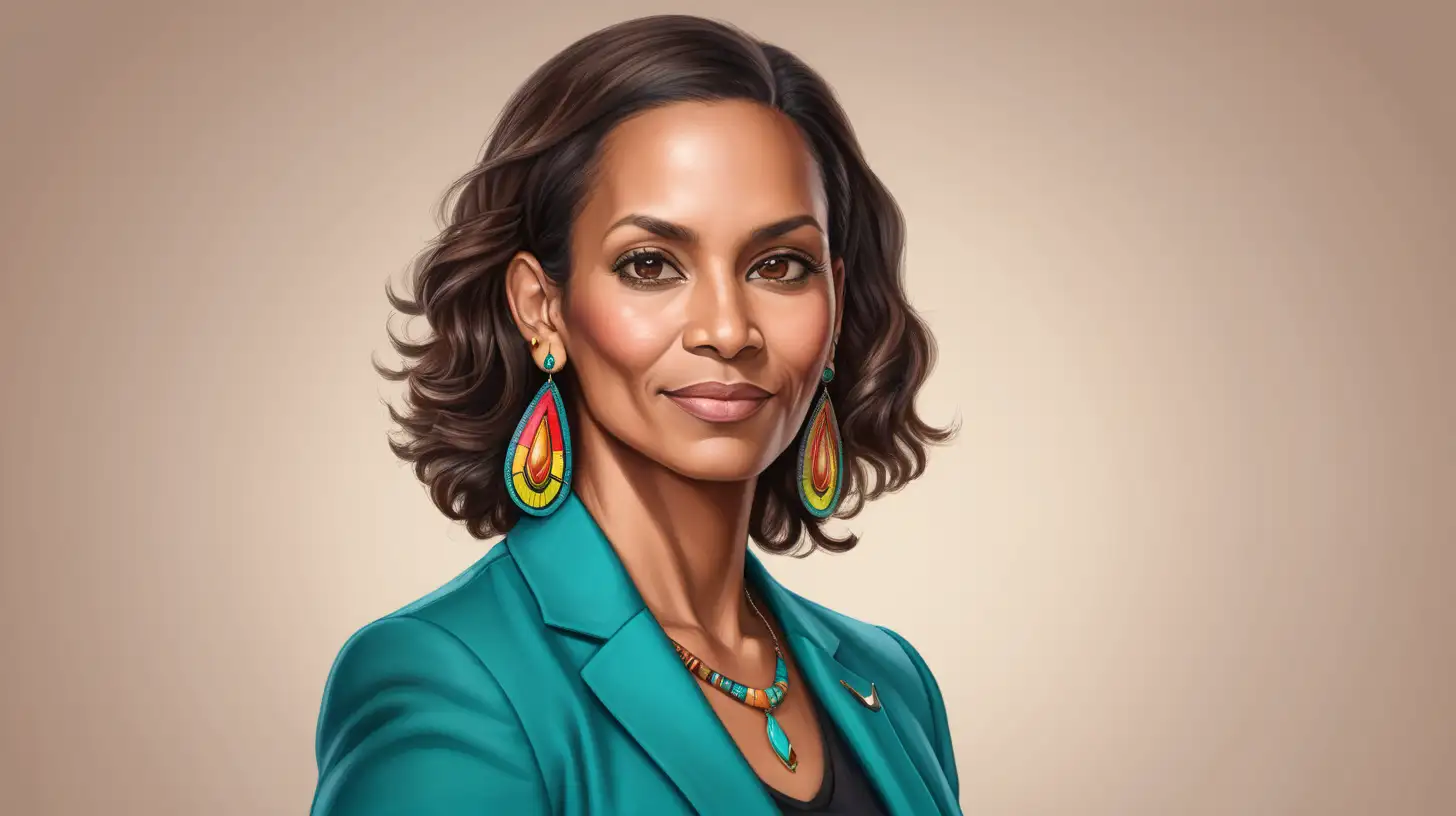 Confident Seychellois Creole Woman in Teal Blazer and Colorful Earrings