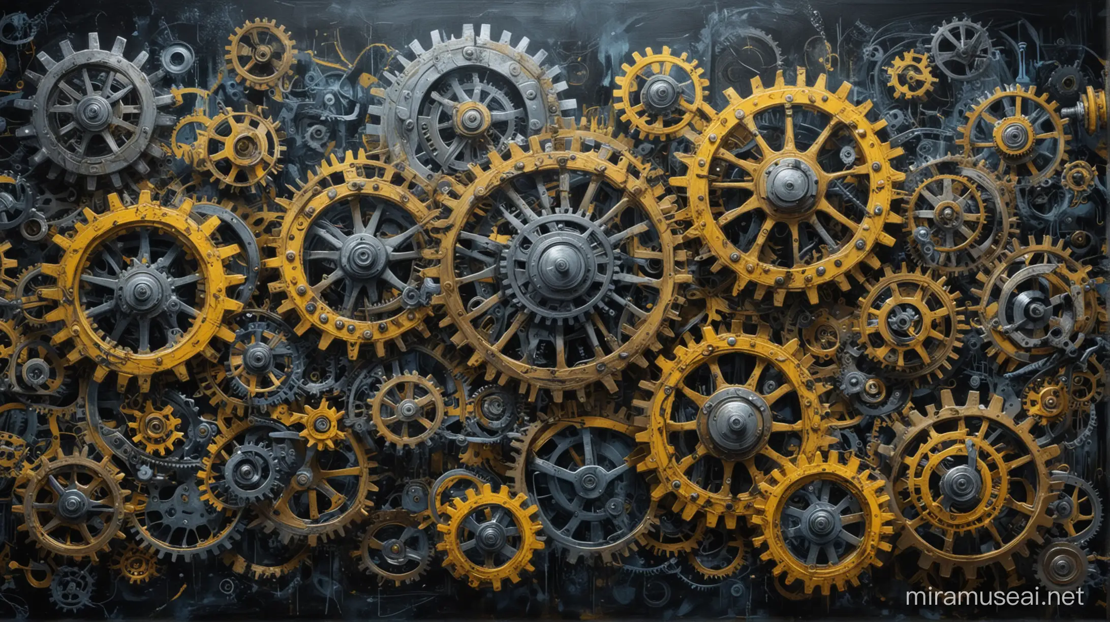 Background banner image, surreal painting, with lots of cogs and inner workings. Depicting part of the system moving into a new system titled EP1. Darks blues and yellow.