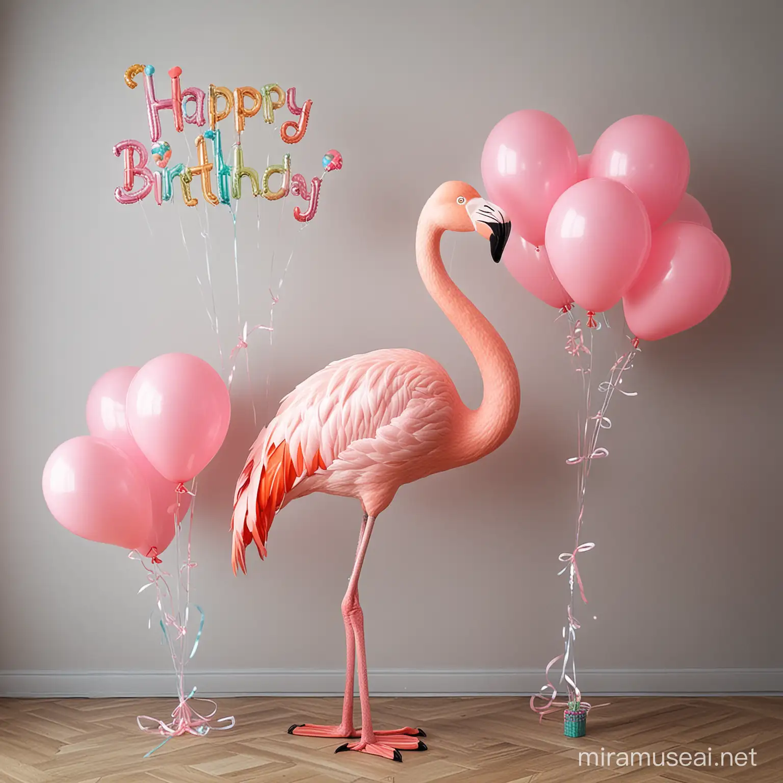 pink flamingo holding a bunch of happy birthday balloons
