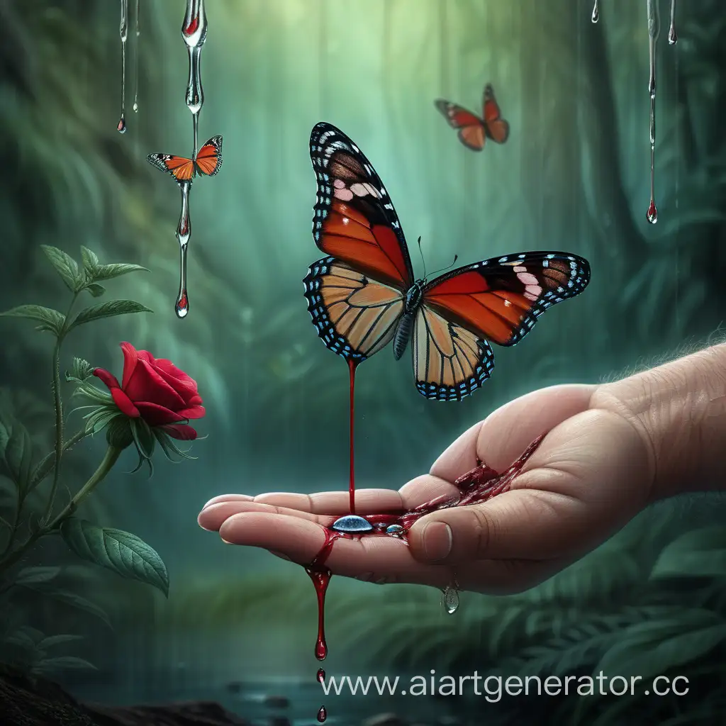 кисть руки всего размера на природе, держит на пальце бабочку которая живёт и процветает, а из руки течет кровь не большими каплями, на заднем фоне люди не знают что делать в жизни