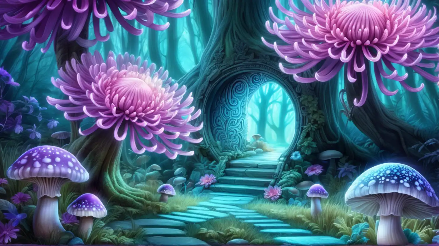 Magical fairytale. Glowing chrysanthemum and mushrooms with a seashell-portal. Bright Blue. Purple. Pink. Green. Magical Fairytale trees.