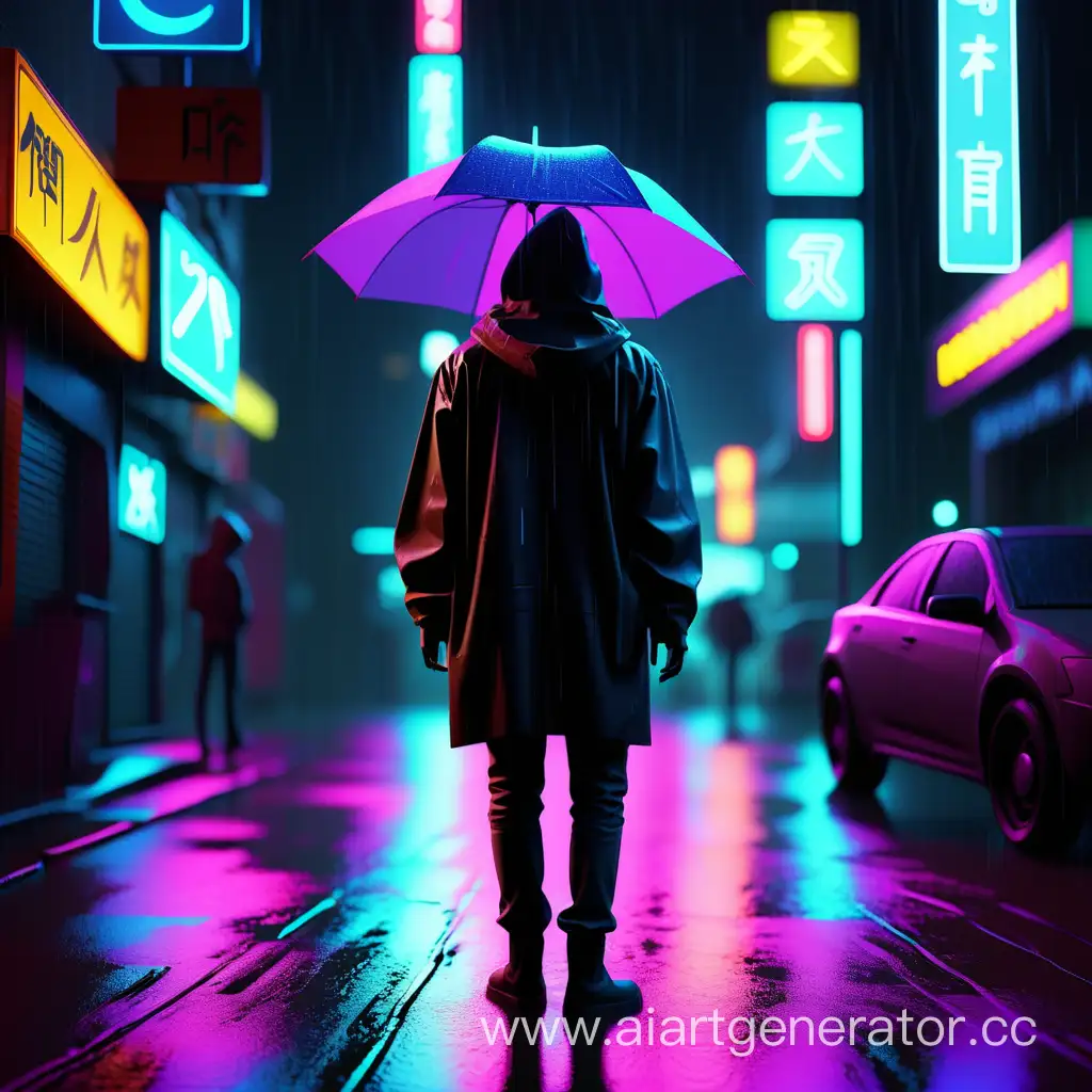 Человек под дождем,свет неона,
 в ночном городе, 8k