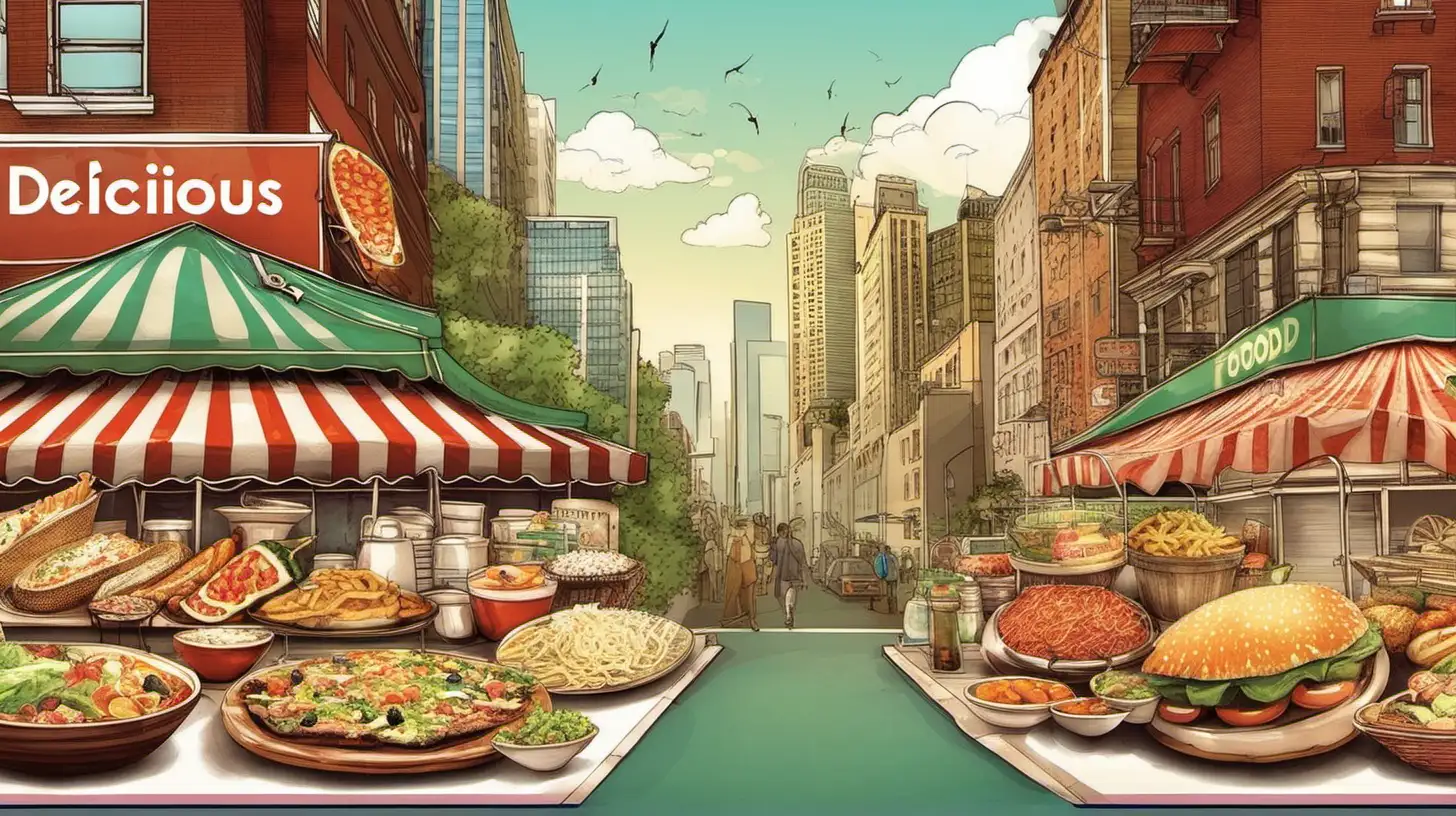 Cityscape Gastronomy Vibrant Illustration of Delicious Foods