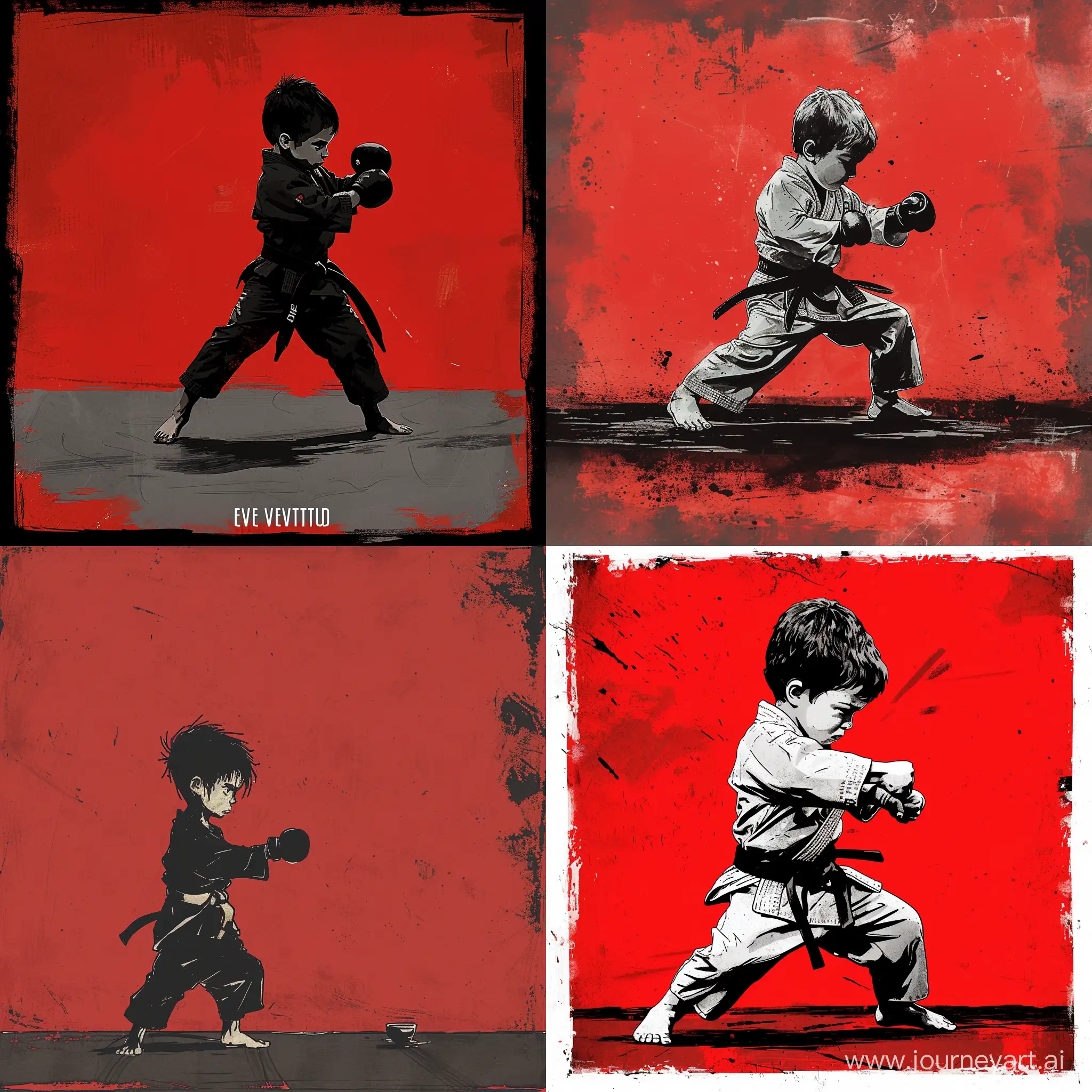 black ink illustration of a boy to do karate, pastel accents, in the style of eve ventrue, 2d game art, clamp, porcelain, high-contrast shading, illustration, red background, black, grey, high quality details, HD