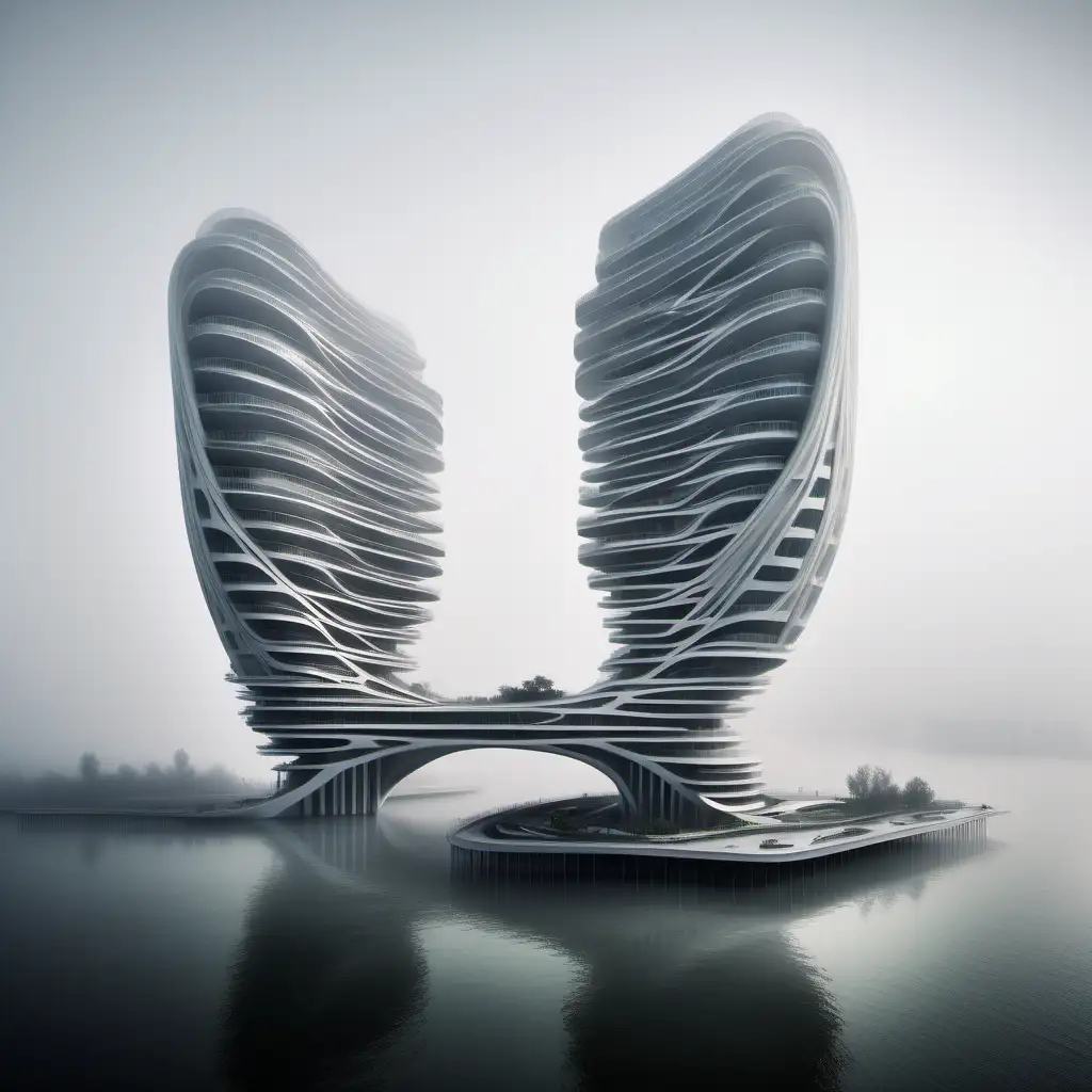 Futuristic Urban Architecture Zaha HadidInspired Fog Island with CrissCrossing High Rise Columns