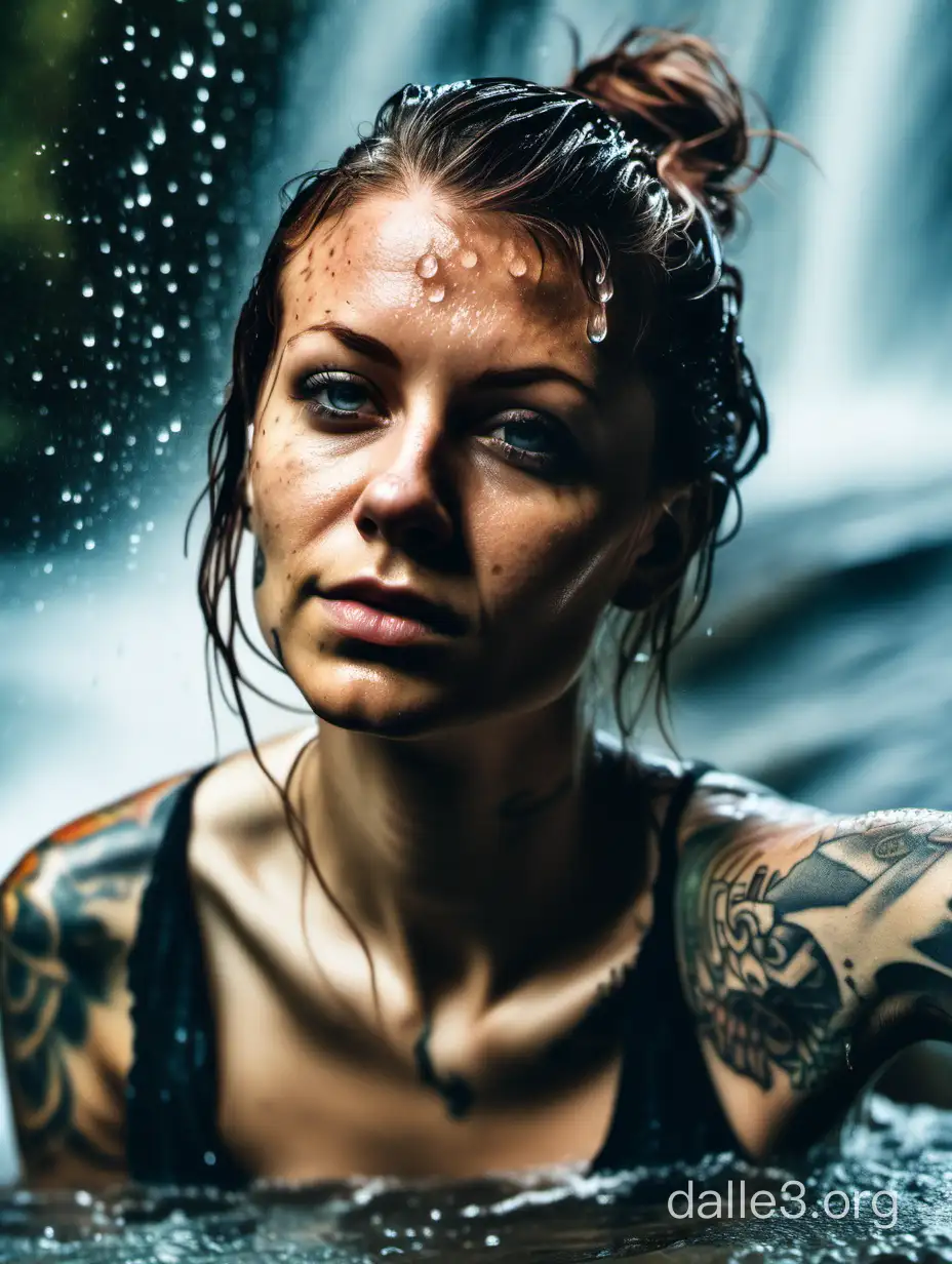 Macro portrait, top-down view, woman aged twenty-five years, tattooed, wet hair, in a waterfall, water, drops, splash
