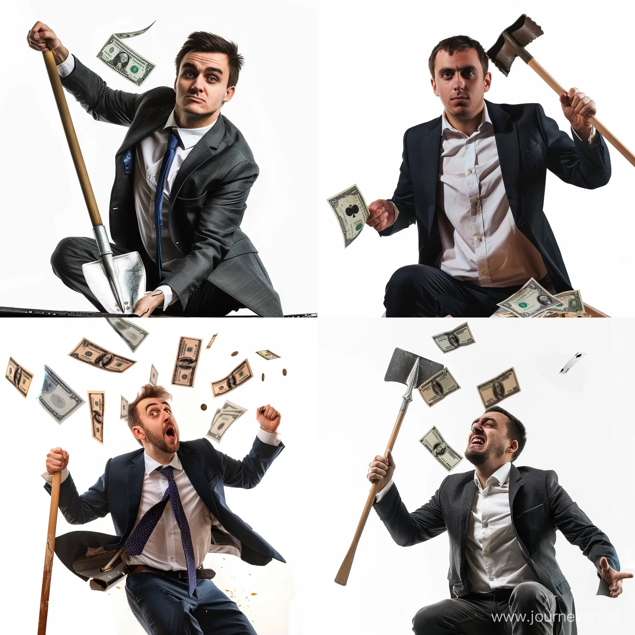 A man wearing a suit with a white background and holding a spade is rowing money