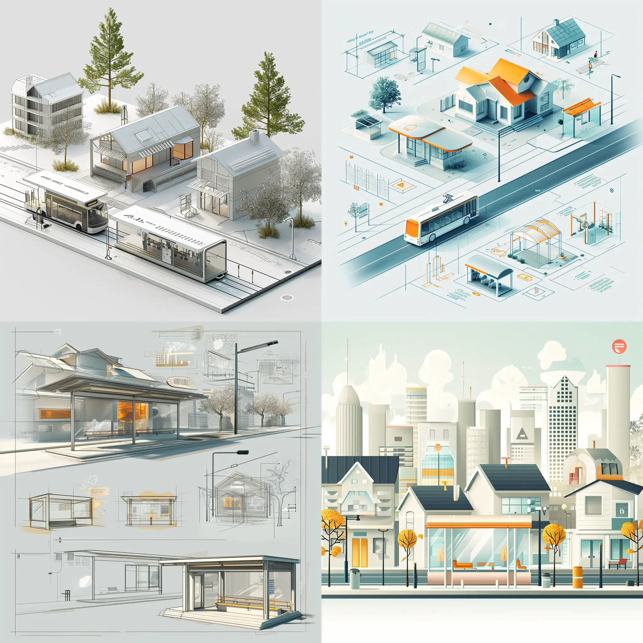 Create a presentation image with high quality, futuristic design, calm colors, digital city sketches, urban planning, house, and bus stop layout