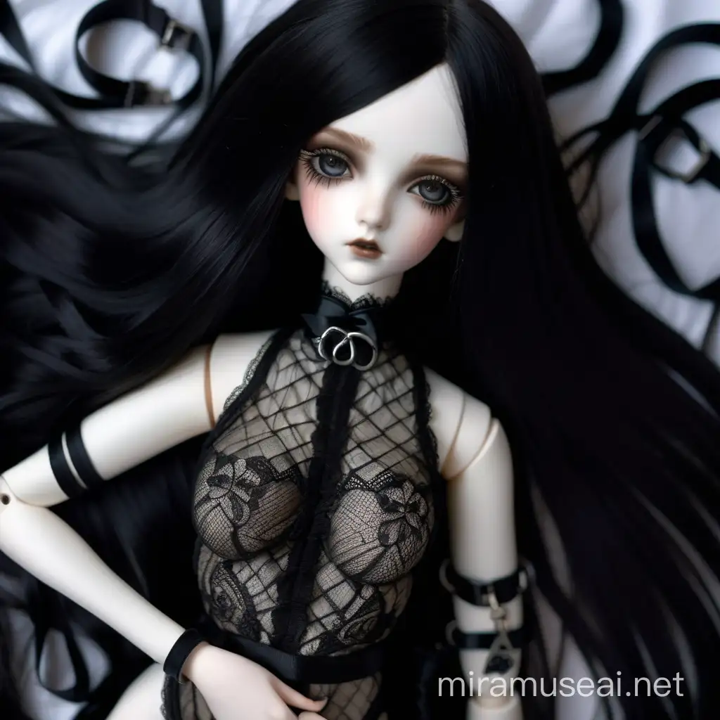 Hyperrealistic Jointed BJD Doll Girl in Lace Bodysuit with Silk Ribbons and Handcuffs