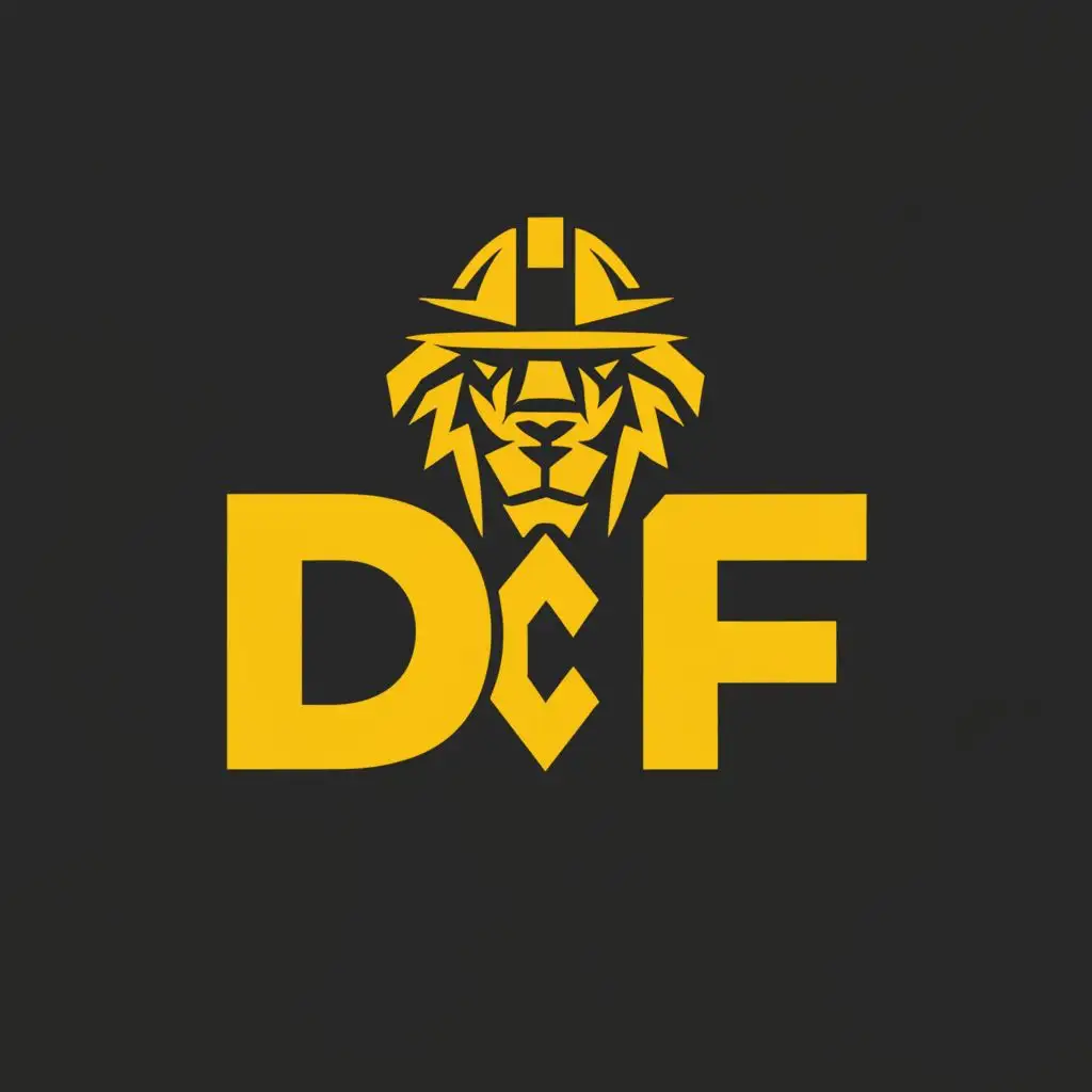 a logo design,with the text "DCF", main symbol:Yellow Hard Hat, Lion 2D,Moderate,be used in Construction industry,clear background