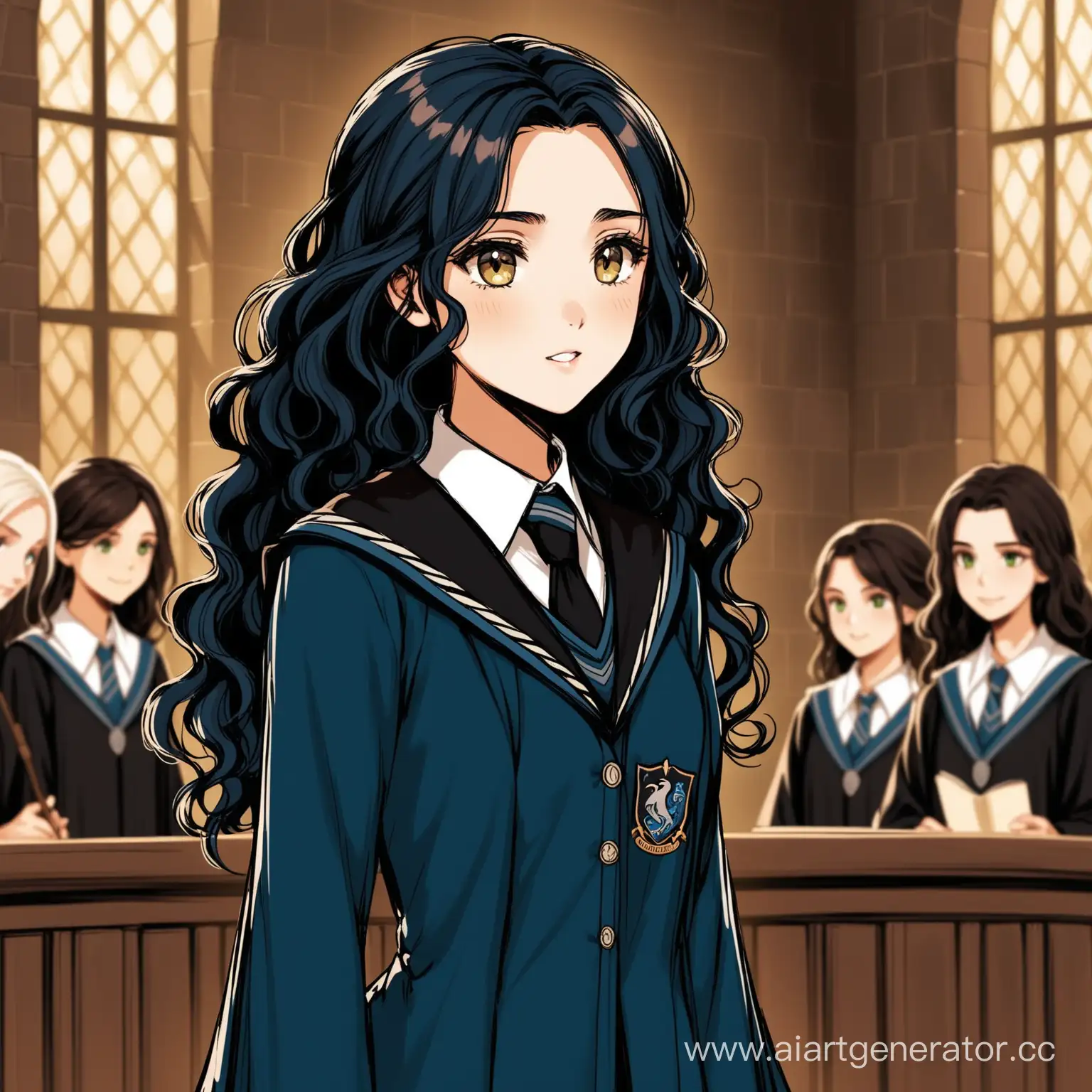 A girl from the Ravenclaw faculty, very beautiful, curly chocolate hair and hazel eyes, slender and fit, sings a song, and Draco Malfoy secretly watches her