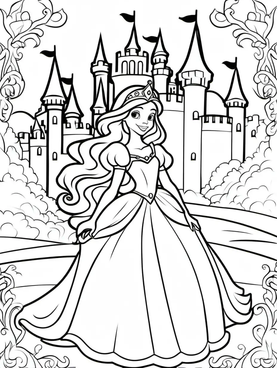 princess and castle, outline only for coloring book