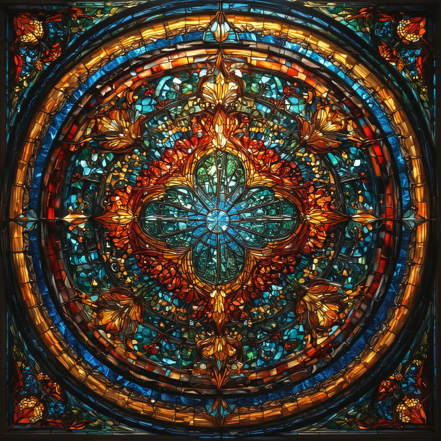 A mesmerizing 3D render of a Tiffany-style stained glass masterpiece, featuring a kaleidoscope of vibrant colors. The intricate design, with its brilliant blues, greens, yellows, and reds, appears to float in a dreamy, three-dimensional space. The artist's skillful use of light and shadow creates a hypnotic play of colors and textures. The overall effect is a captivating, eye-catching display of artistry and creativity., conceptual art, 3d render



